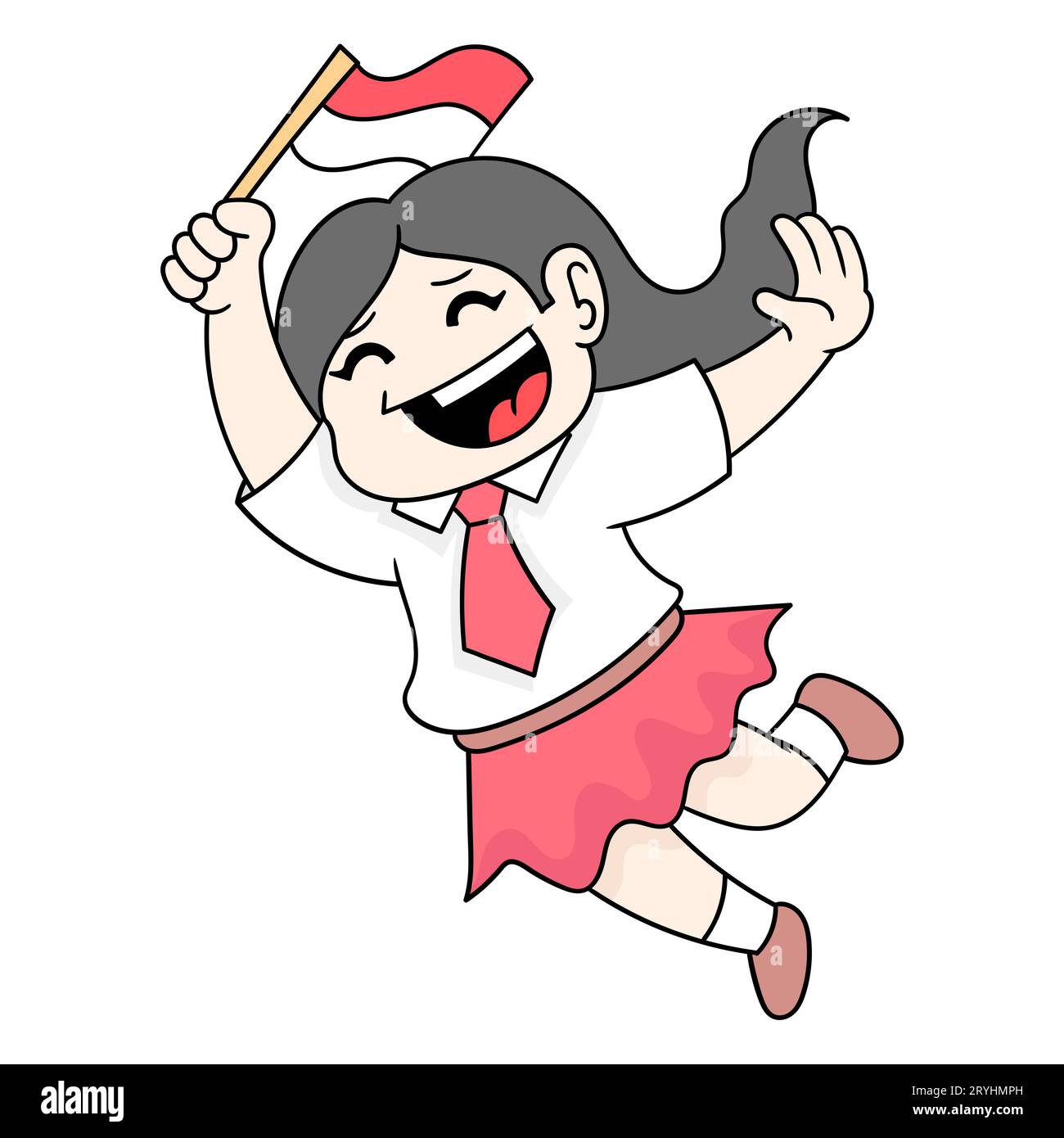 Grundschulmädchen feiern indonesischen Unabhängigkeitstag, Vektor-Illustration Kunst Doodle Icon Bild kawaii. Stockfoto