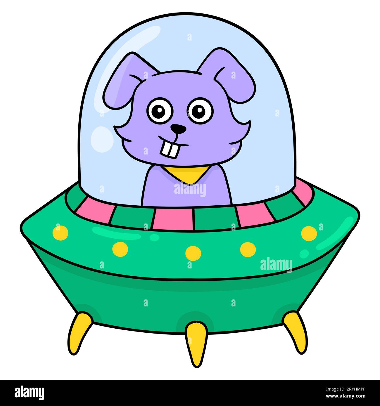 Alien-Hase fliegt auf einem Raumschiff, Vektorillustration Kunst Doodle Icon Bild kawaii. Stockfoto
