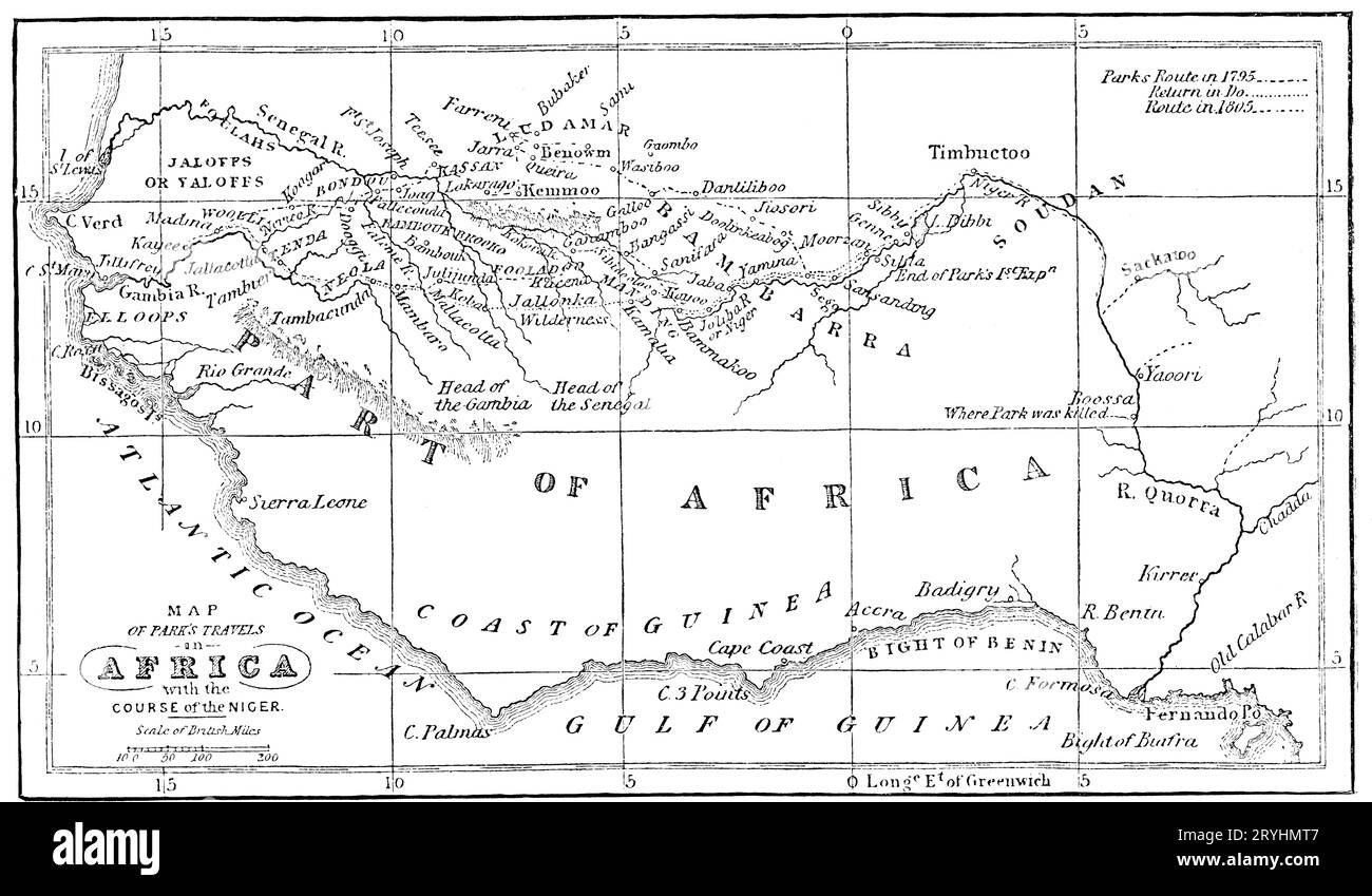 Karte von Park's Reisen in Afrika, mit dem Verlauf des Nigers, 1902. Mungo Park (1771–1806) war ein schottischer Entdecker Westafrikas. Nach einer Erkundung des oberen Niger um 1796 schrieb er ein populäres und einflussreiches Reisebuch mit dem Titel „Reisen in den Innenbezirken Afrikas“, in dem er die Theorie aufstellte, dass der Niger und der Kongo zum selben Fluss verschmolzen würden. später wurde jedoch nachgewiesen, dass es sich um verschiedene Flüsse handelt. Stockfoto