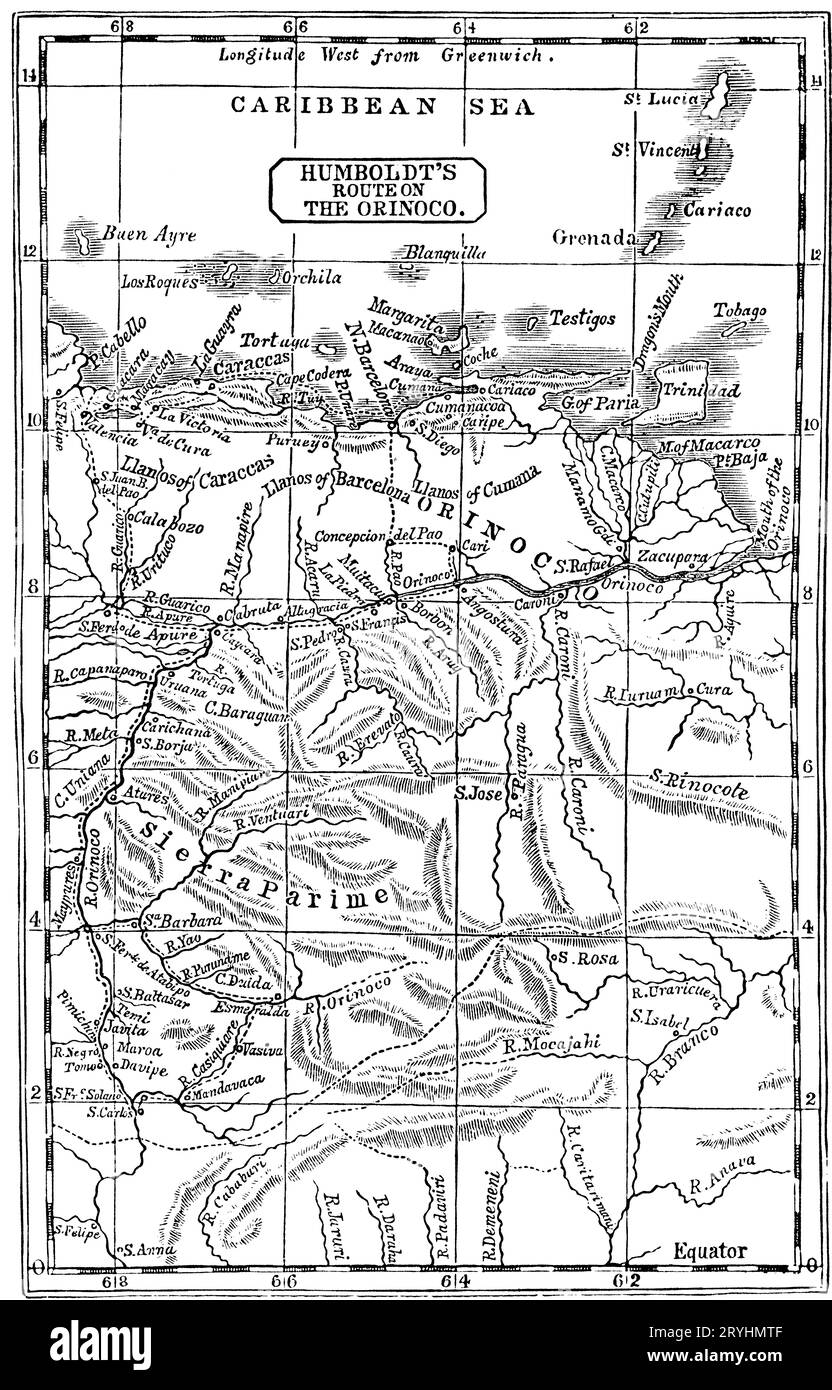 Humboldts Route am Orinoco, 1800. Friedrich Wilhelm Heinrich Alexander von Humboldt (1769–1859) war ein deutscher Universalgelehrter, Geograph, Naturforscher und Entdecker. Im Februar 1800 erkundete Humboldt den Verlauf des Orinoco River und seine Nebenflüsse. Diese Reise, die vier Monate dauerte und 1.725 Meilen (2.776 km) zurücklegte, hatte das Ziel, die Existenz des Casiquiare-Kanals zu begründen. Stockfoto