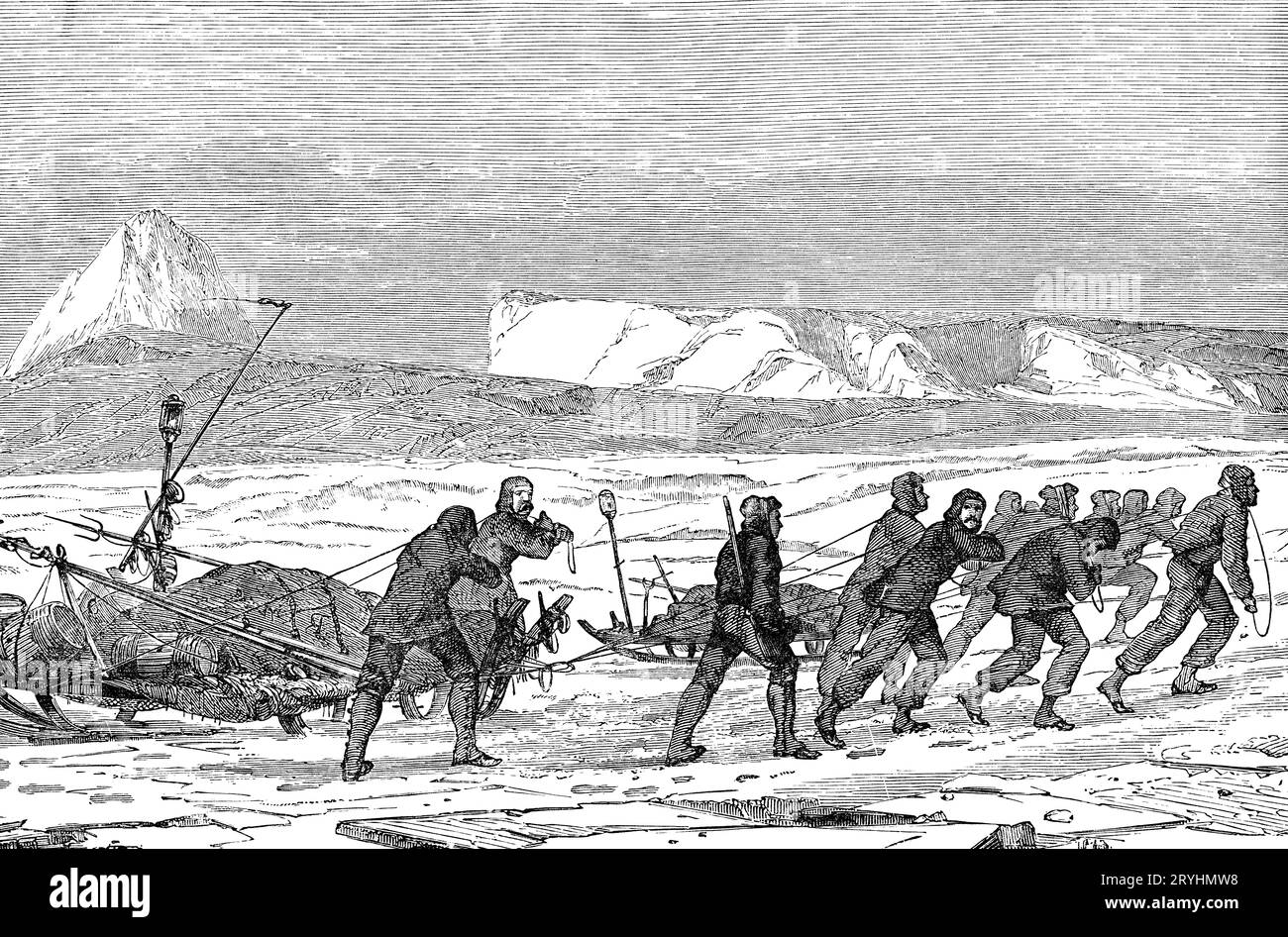 Ross und seine Crew versuchen, das Meer zu erreichen. Nach einem gescheiterten Versuch 1818 kehrte Sir John Ross (1777–1856) in die Arktis zurück, um die Nordwestpassage zu suchen und verließ die Themse am 23. Mai 1829. Als sein Schiff The Victory im Eis steckte, wurde es schließlich aufgegeben und die Besatzung ging zu Fuß nach Norden nach Fury Beach, eine Reise von etwa 300 Meilen. Ross und seine Crew verbrachten vier Winter in der Arktis. Am 26. August 1832 wurden sie von dem Schiff Isabella gerettet. Stockfoto