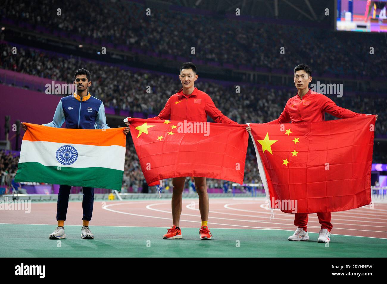 Medalists, from left to right, India's Sreeshankar, silver, China's