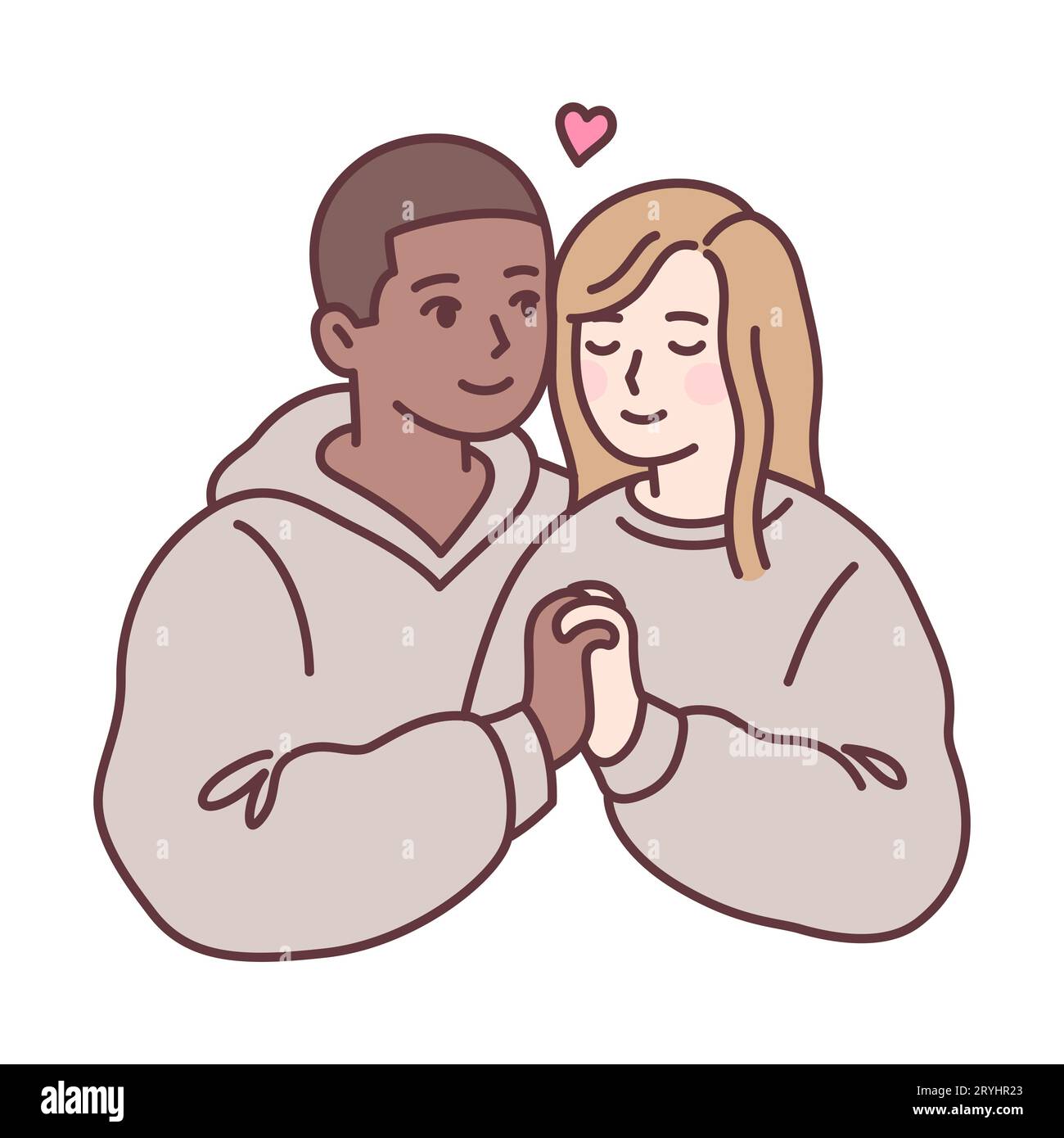 Ein süßes, junges gemischtes Paar, das sich in die Hände hält. Schwarzer Kerl und blondes Mädchen in passender Kleidung. Einfache Zeichentrickzeichnung, Vektorillustration. Stock Vektor