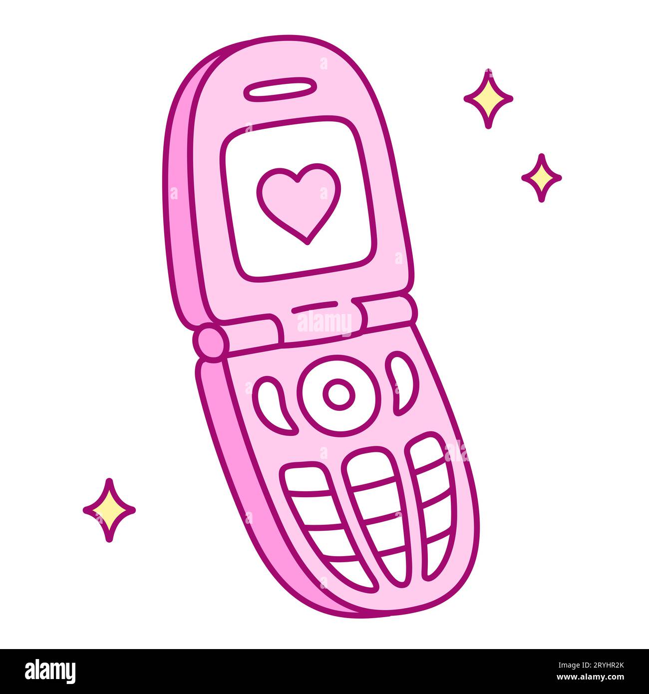 Rosafarbene Retro-Flip-Phone-Zeichentrickzeichnung, einfache und niedliche handgezeichnete Vektorillustration. Y2K ästhetisches Nostalgiekodel. Stock Vektor