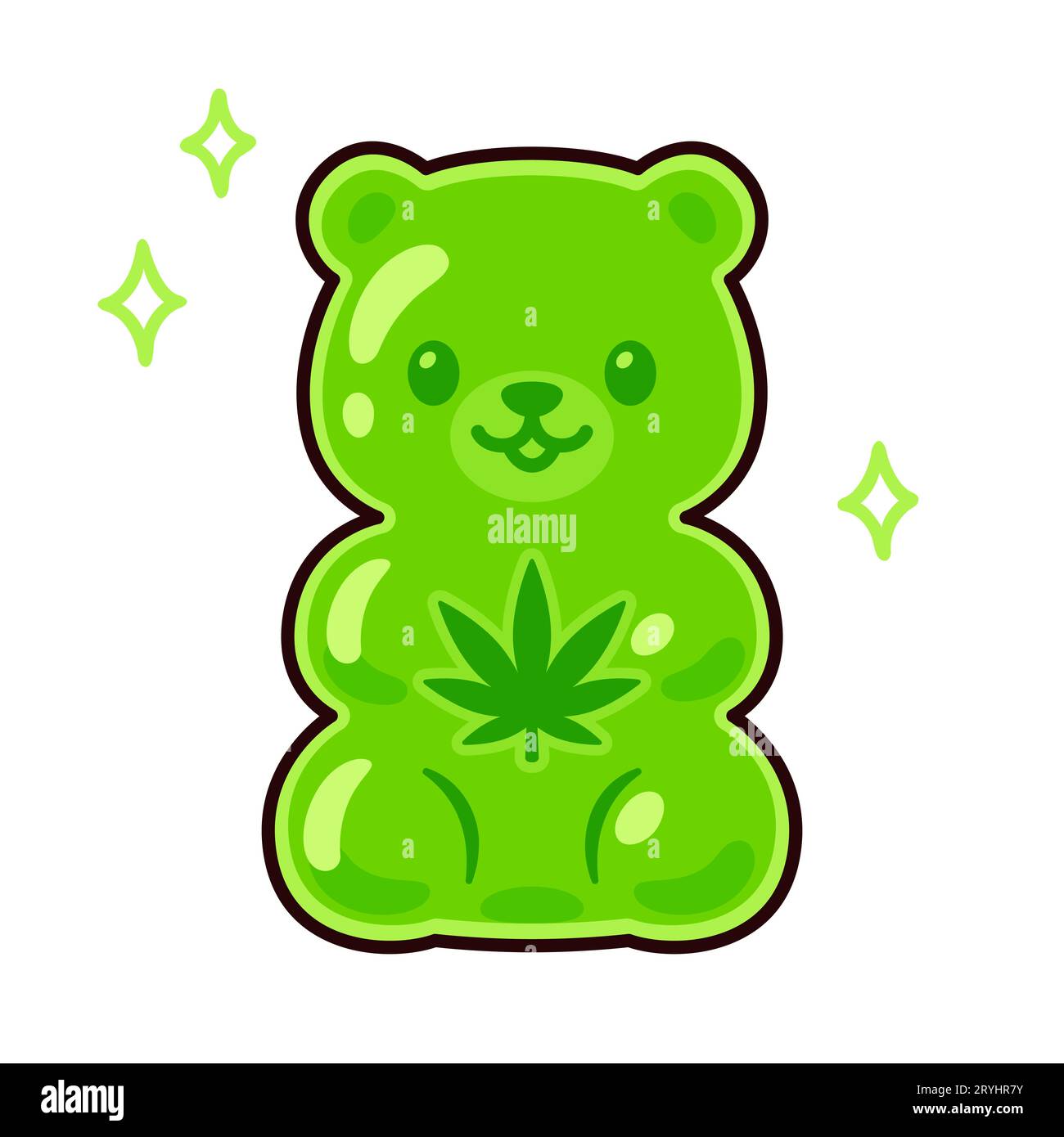 Niedliche Karikatur CBD essbare Gummibärenzeichnung. Grüne Süßigkeit mit Cannabisblattform. Vektor-Clip-Art-Illustration. Stock Vektor