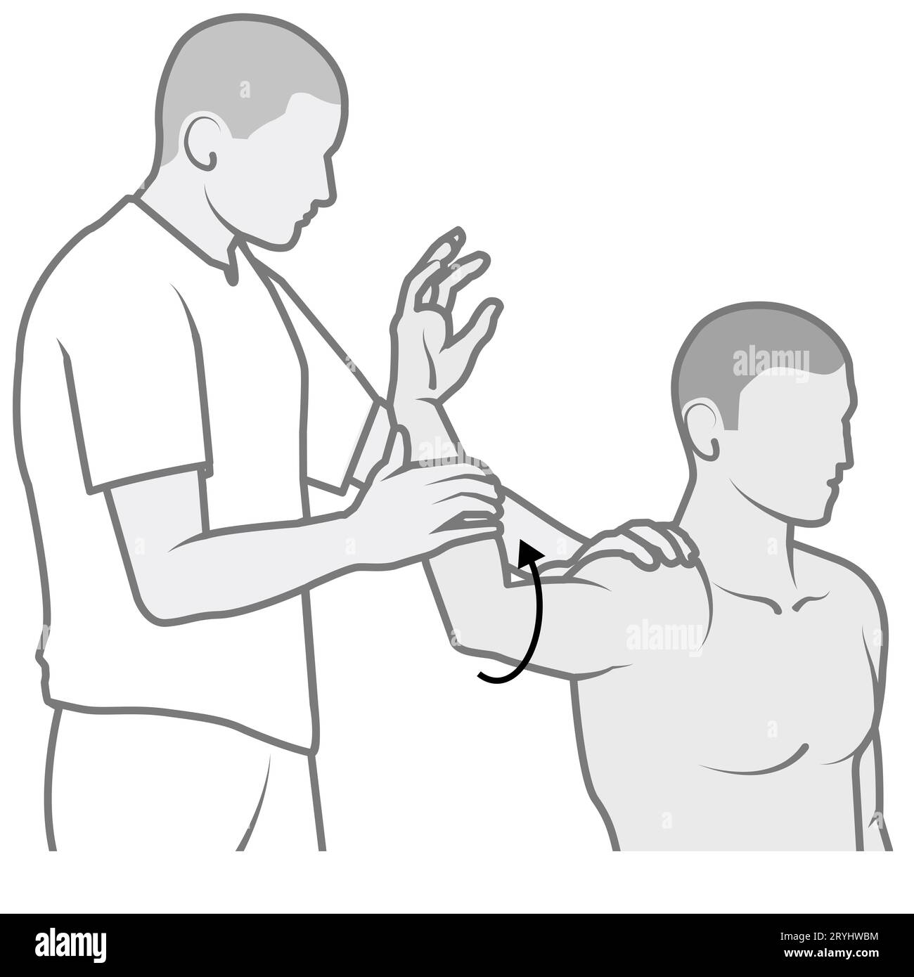 Die posteriore Angst ist eine Schulteruntersuchung, bei der der Arm nach außen gedreht wird, um festzustellen, ob die posteriore Schulter instabil oder unangenehm ist Stockfoto