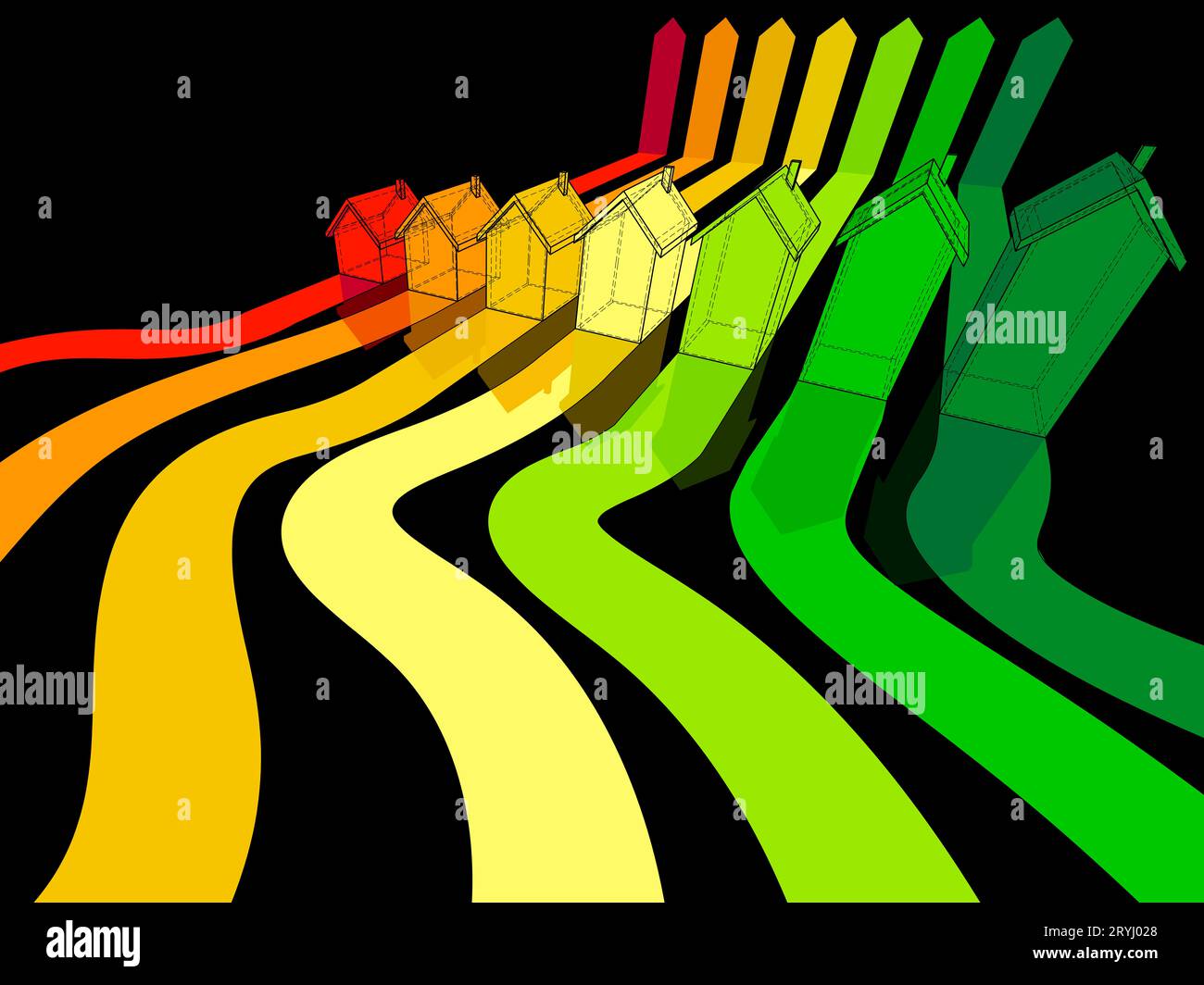 Sieben Häuser im Energiediagramm Stockfoto