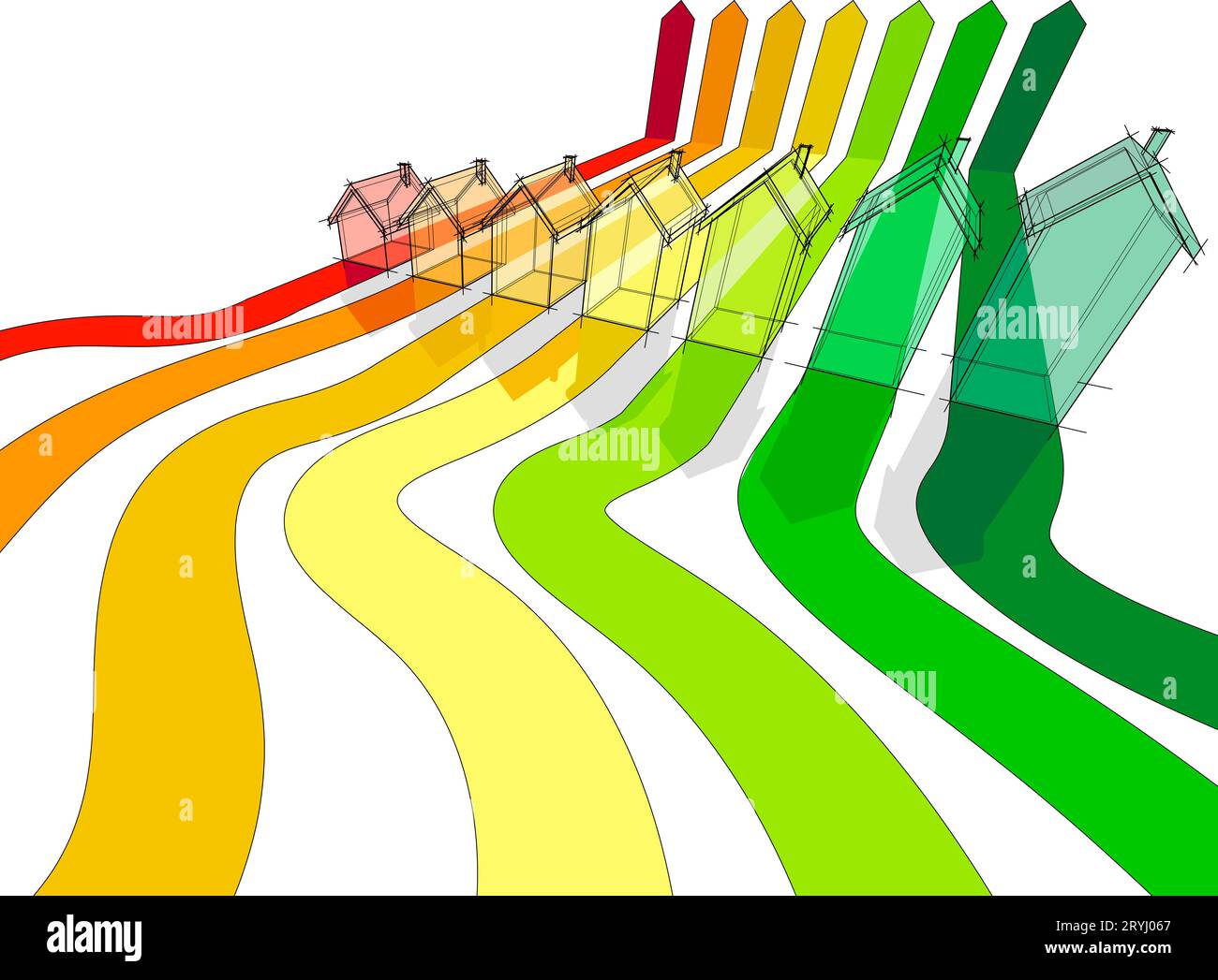 Sieben Häuser im Energiediagramm Stockfoto