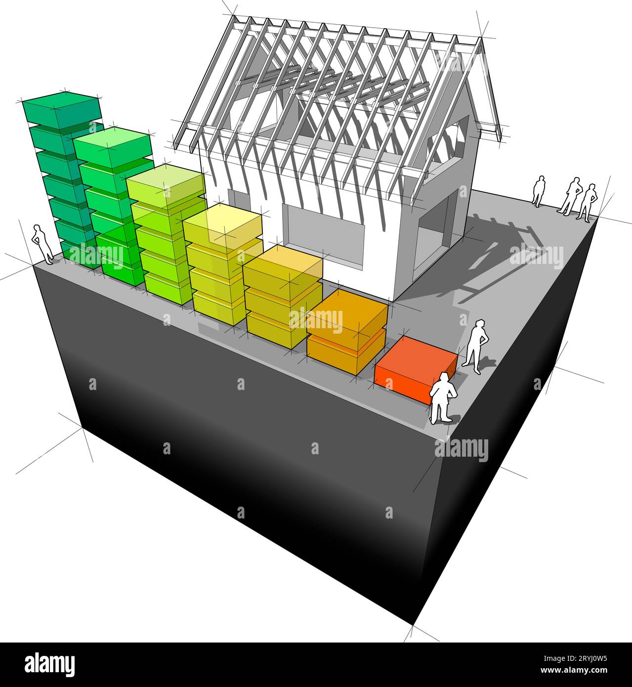 Einfaches freistehendes Haus im Bau mit Holzdachrahmen und Energieeffizienzdiagramm Stockfoto