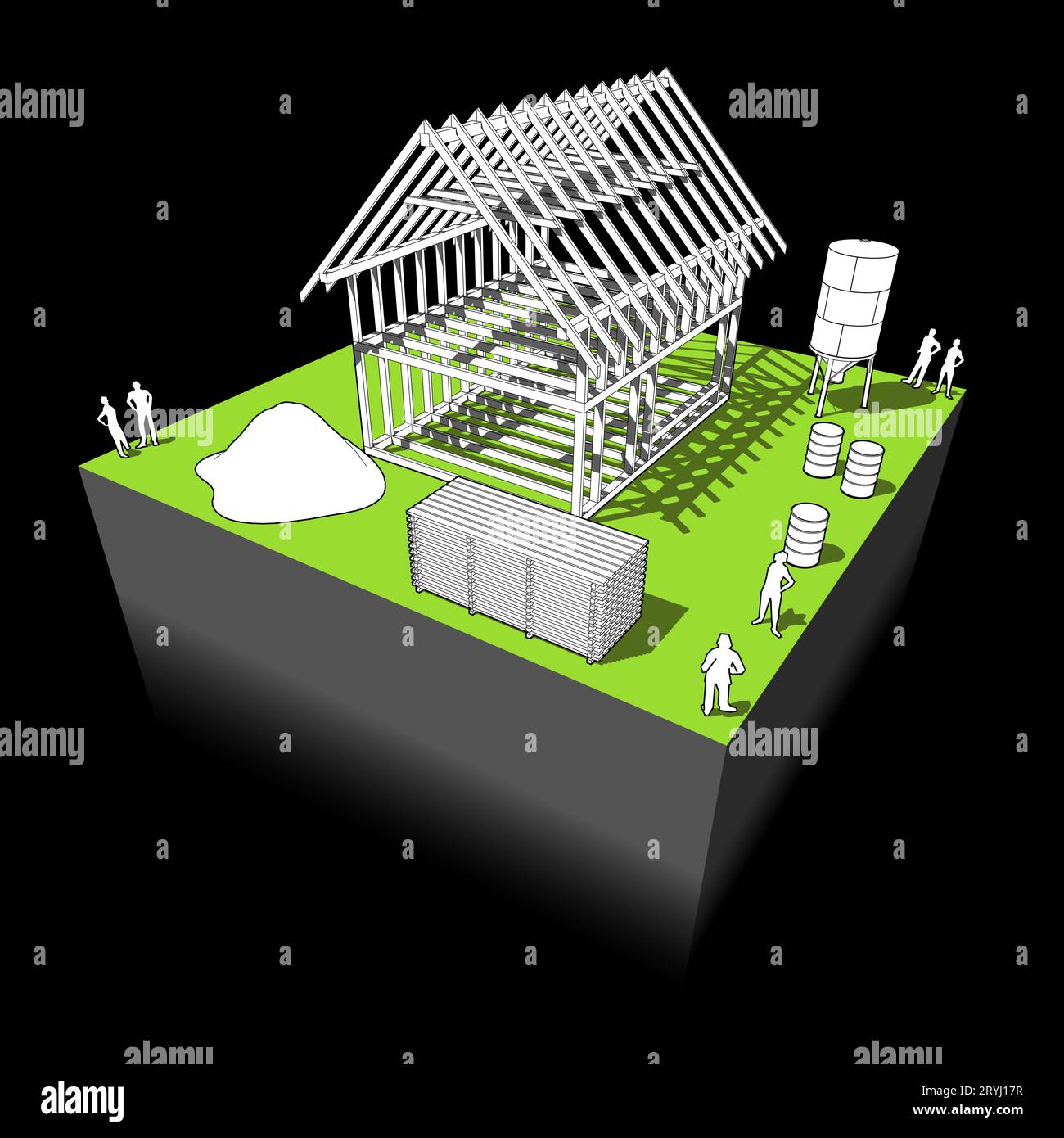 Bau eines einfachen Einfamilienhauses mit Holzrahmenbau und Bauausrüstung Stockfoto