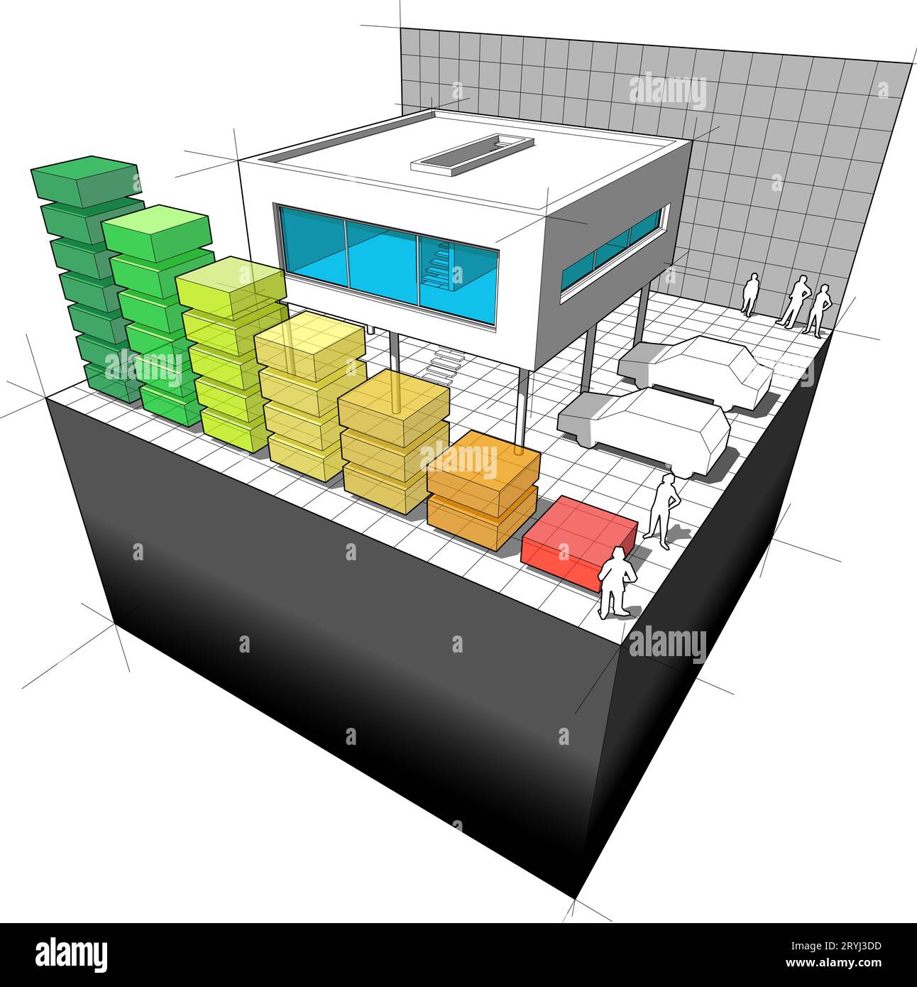 Diagramm eines modernen Hauses mit Balkendiagramm für die Energieeffizienzklasse aÂ Stockfoto