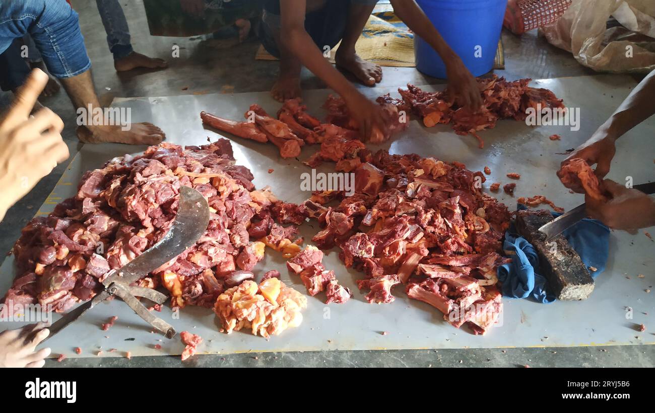 Rohingya Flüchtlinge teilen das qurbani kurbani Kuhfleisch Stockfoto