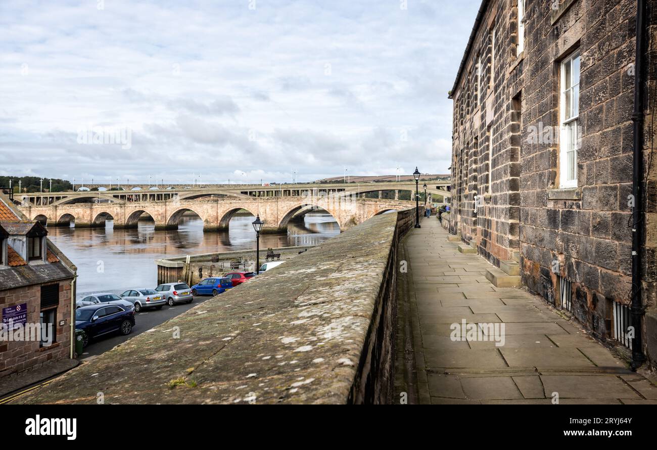 Drei Brücken, die den Fluss Tweed überquerten, wurden am 22. September 2023 von den Quay Walls in Berwick upon Tweed, Northumberland, Großbritannien, aus gesehen Stockfoto