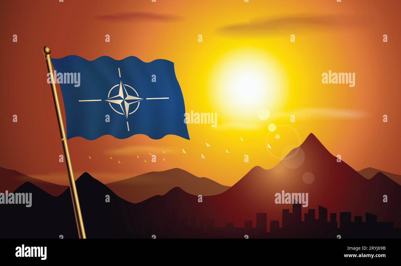 NATO-Flagge mit Sonnenuntergang Hintergrund von Bergen und Seen Stock Vektor