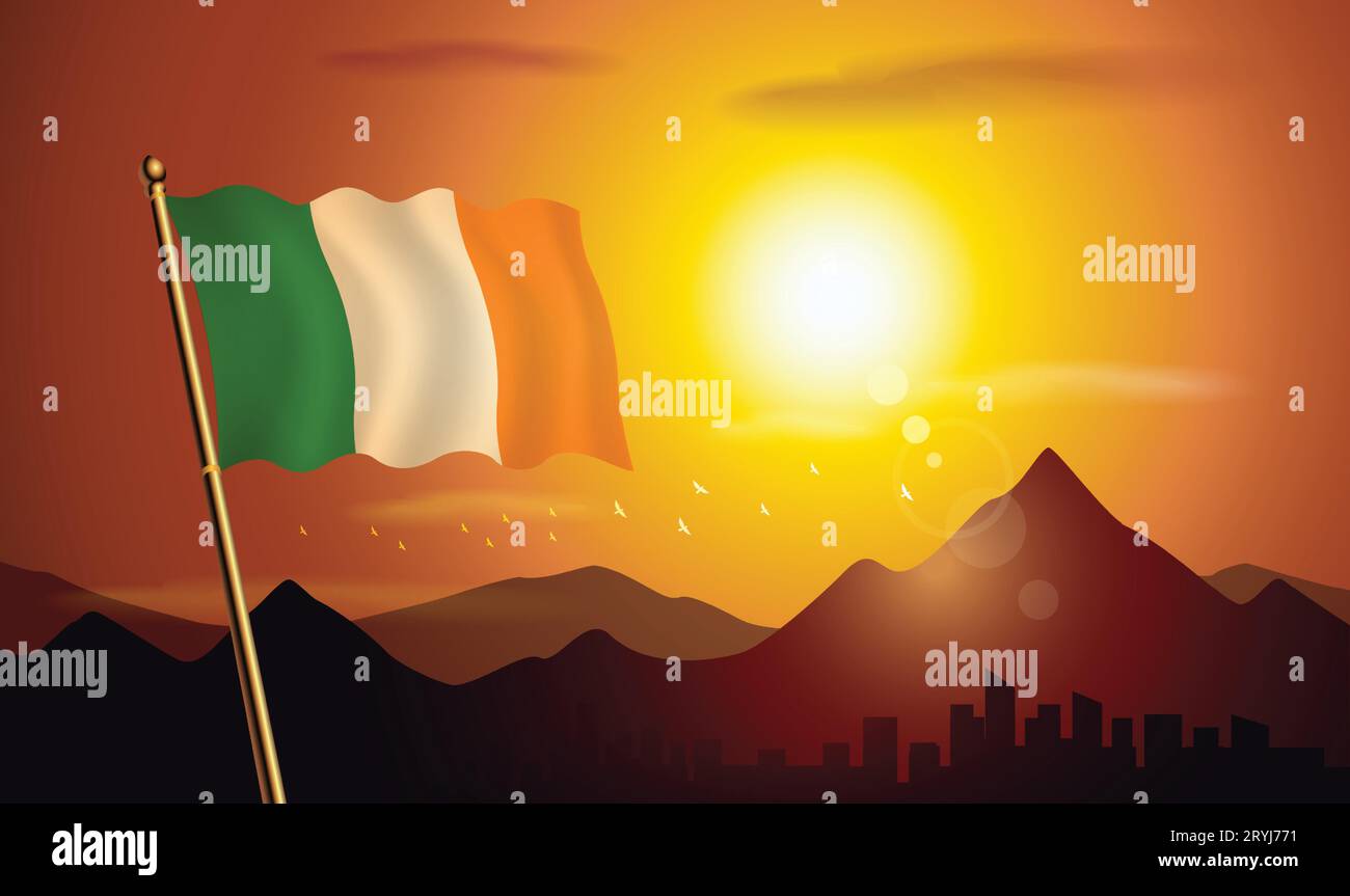 Irland Flagge mit Sonnenuntergang Hintergrund von Bergen und Seen Stock Vektor