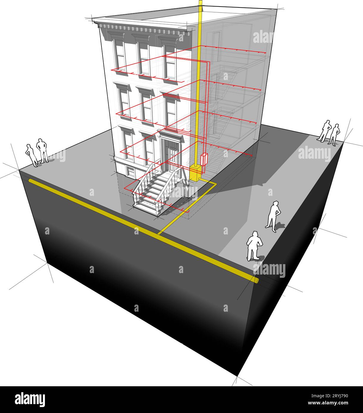 Stadthaus und Gas Mikro Wärme-Kraft-Generator-Diagramms mit handgezeichneten Noten Stockfoto