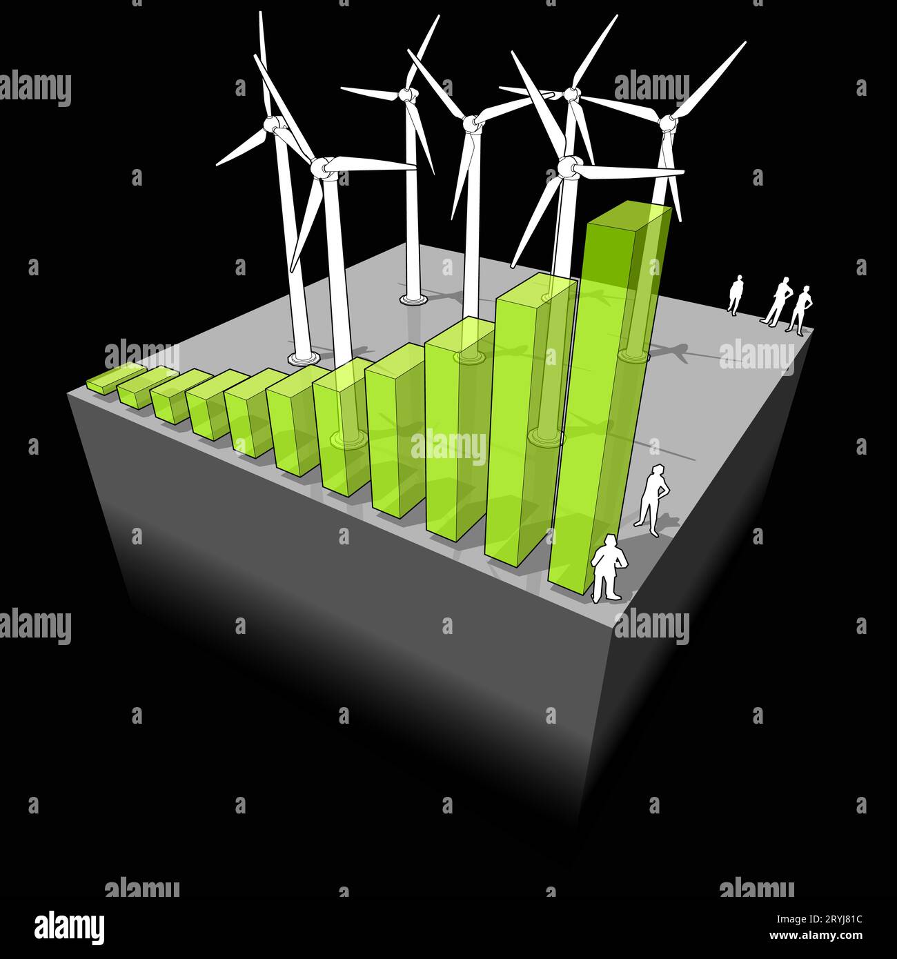 Diagramm eines Windkraftanlagenbetriebs mit steigendem Balkendiagramm, das die steigende Bedeutung oder den Boom von t bedeutet Stockfoto