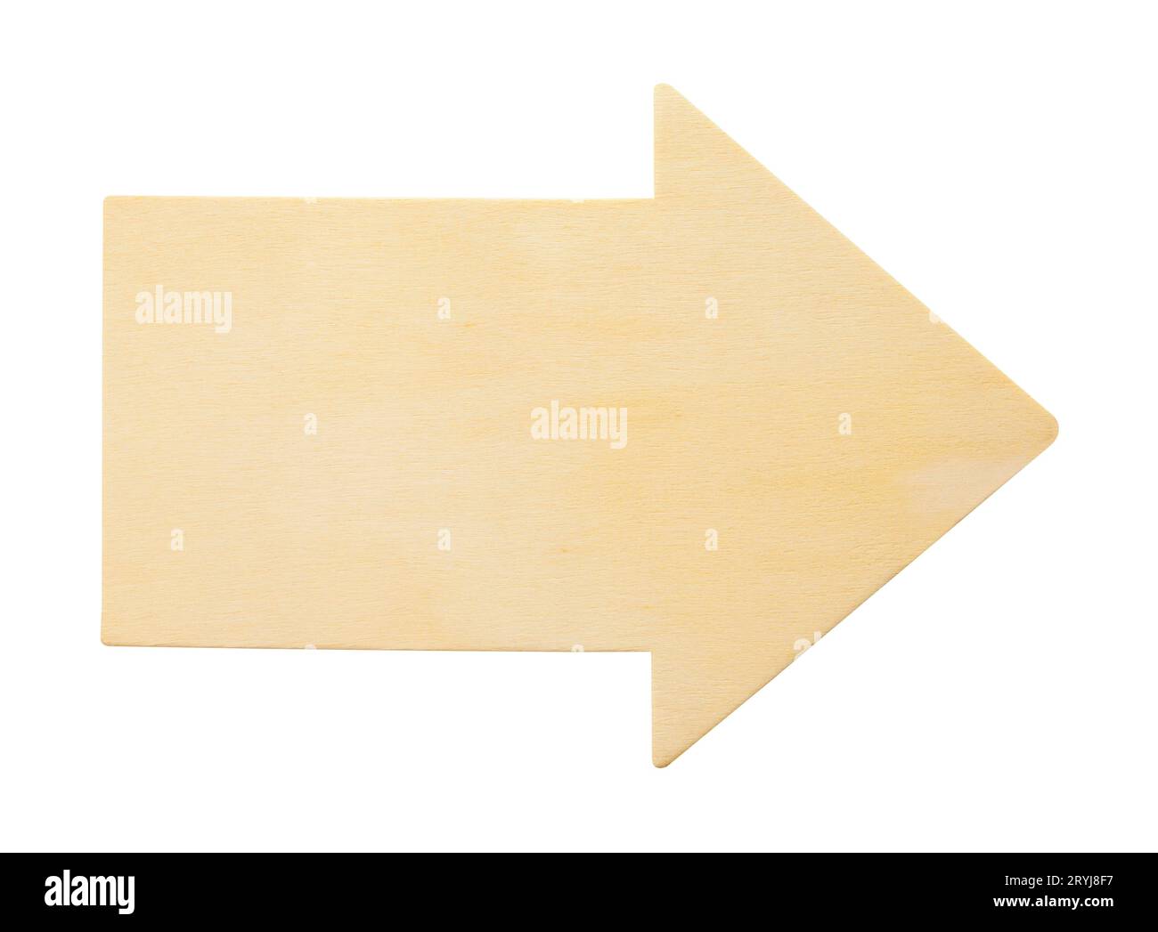 Leeres Schild mit Holzpfeil auf weiß. Stockfoto