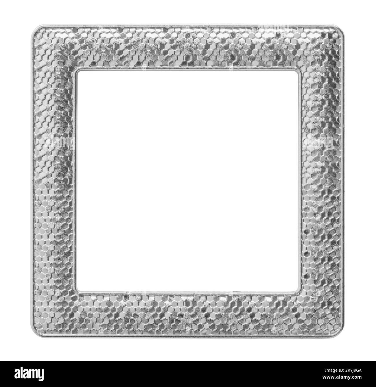 Quadratischer silberner Bilderrahmen aus Metall, ausgestanzt auf weiß. Stockfoto