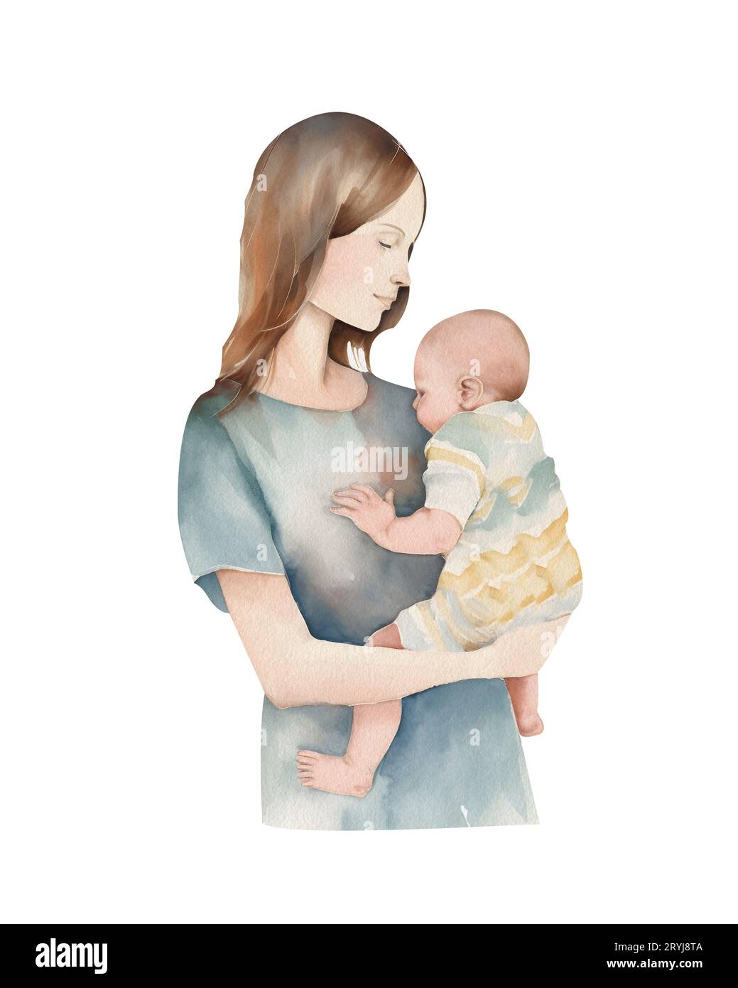 Aquarellillustration einer Mutter, die ein Baby hält. Neugeborenes. Mama mit einem Baby, isoliert auf einem transparenten Hintergrund. Mütter Stockfoto