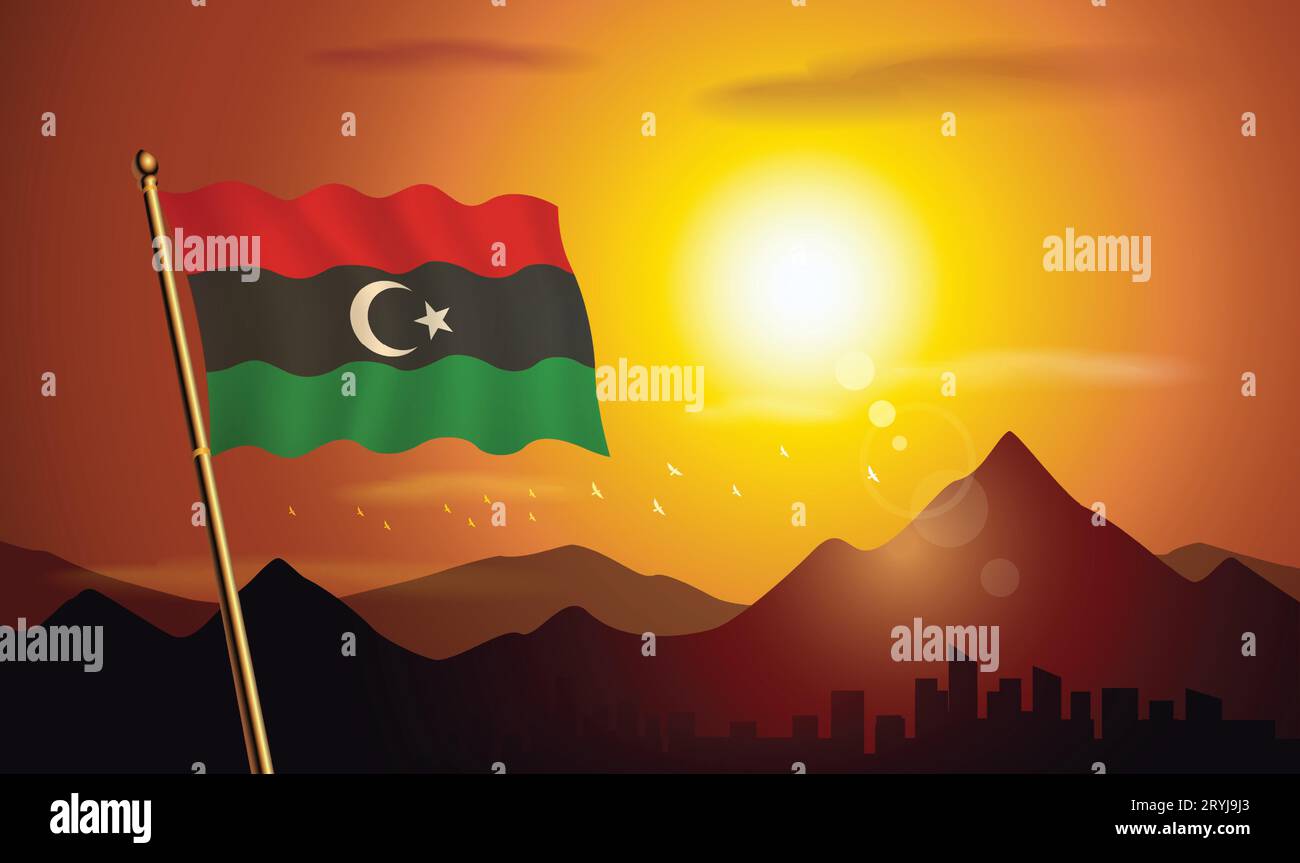 Flagge des Königreichs Libyen mit Sonnenuntergang Hintergrund von Bergen und Seen Stock Vektor