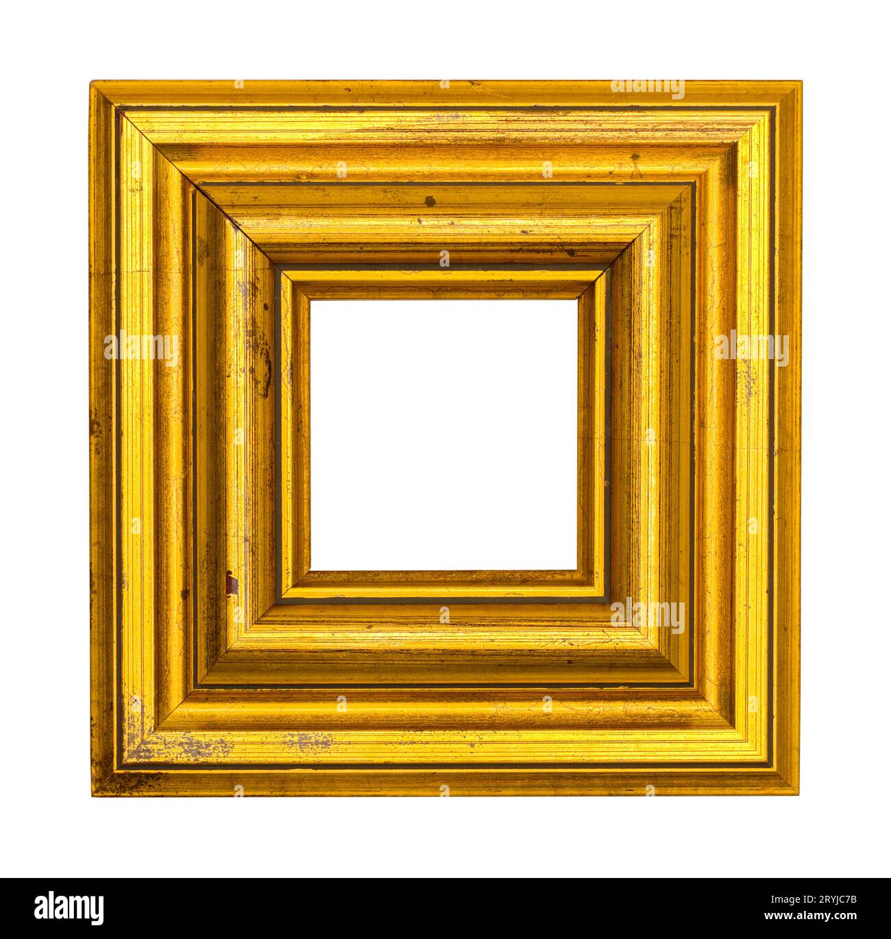 Quadratischer goldener Rahmen mit Ausschnitt auf weiß. Stockfoto