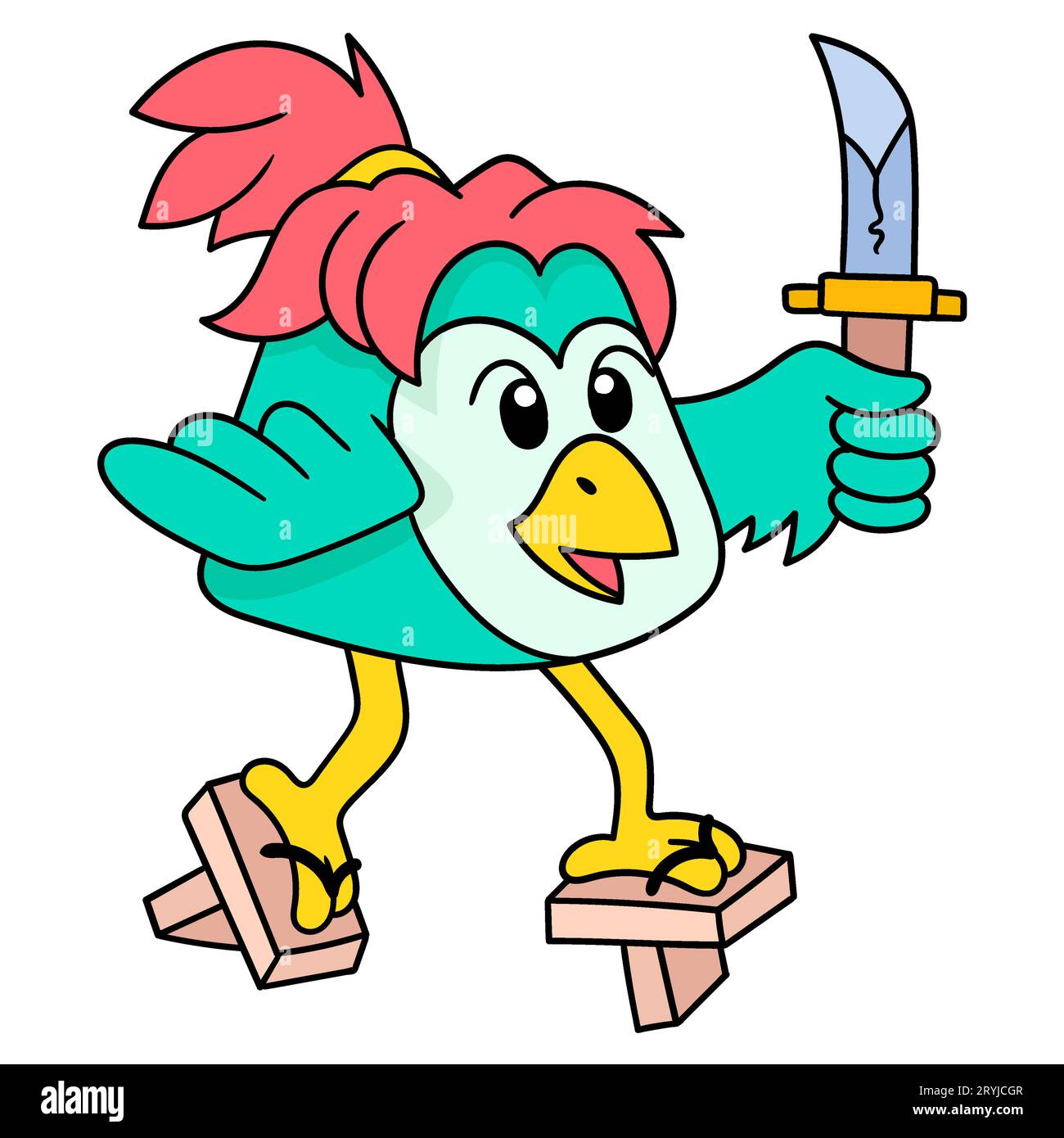 Niedlicher Vogel, der vorgibt, ein Samurai mit einem scharfen Schwert zu sein, Vektor-Illustration Kunst. Doodle Icon image kawaii. Stockfoto