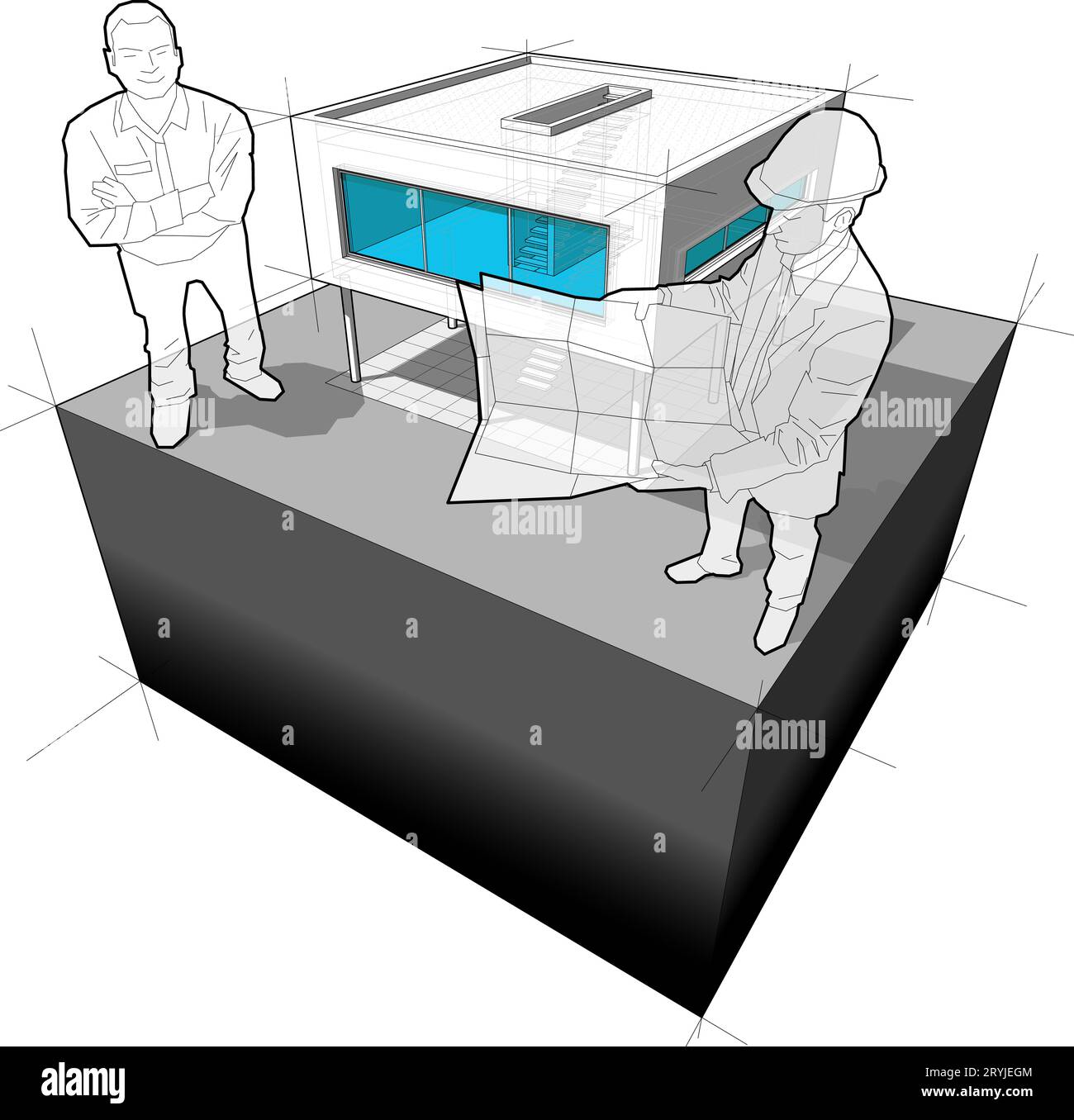 3D-Illustration eines modernen Hauses oder einer funktionalistischen Villa und eines Architekten mit glücklichem Mann, der in fr Stockfoto