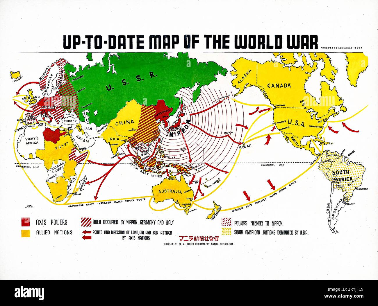 Aktuelle Karte des Weltkrieges (1942) von Manila Shinbun-Sha. Stockfoto