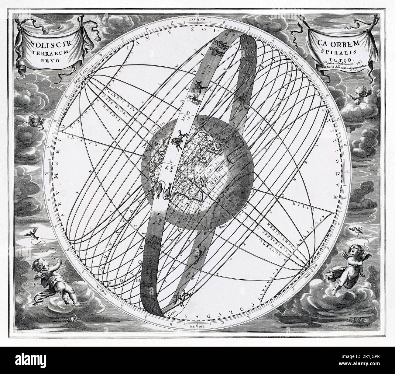 Hemelkaart van de baan van de zon rond de aarde, volgens Ptolemaeus (ca. 1660 oder 1708) von Pieter Schenk Stockfoto