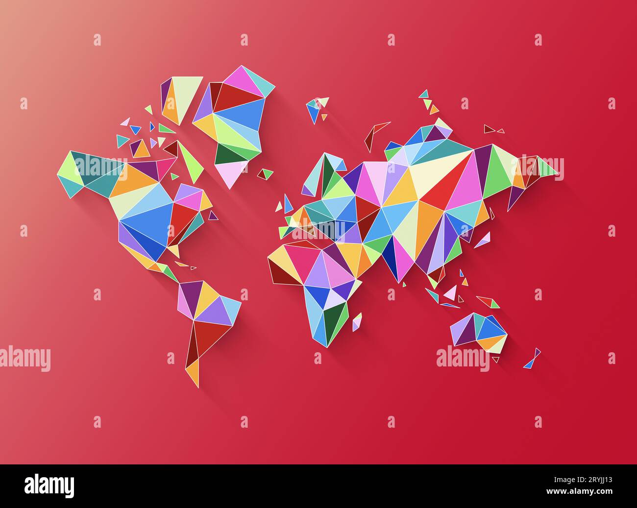 Weltkartenform aus bunten Polygonen. 3D-Illustration auf rosafarbenem Hintergrund Stockfoto