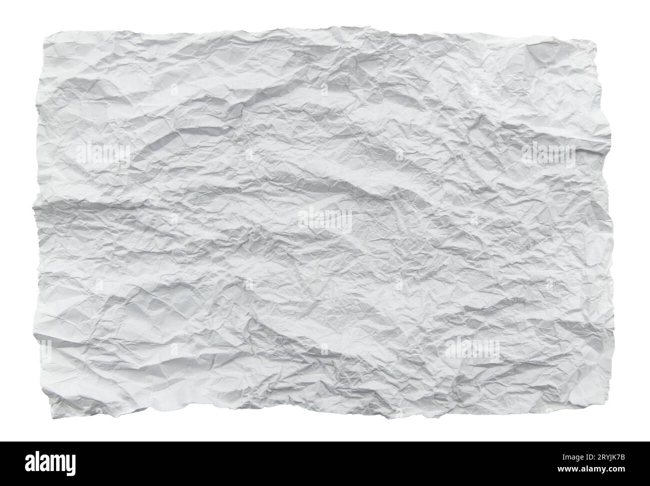 Weißes Blatt zerknittertes Papier mit Falten auf weißem Hintergrund. Isolieren Sie das Papier Stockfoto