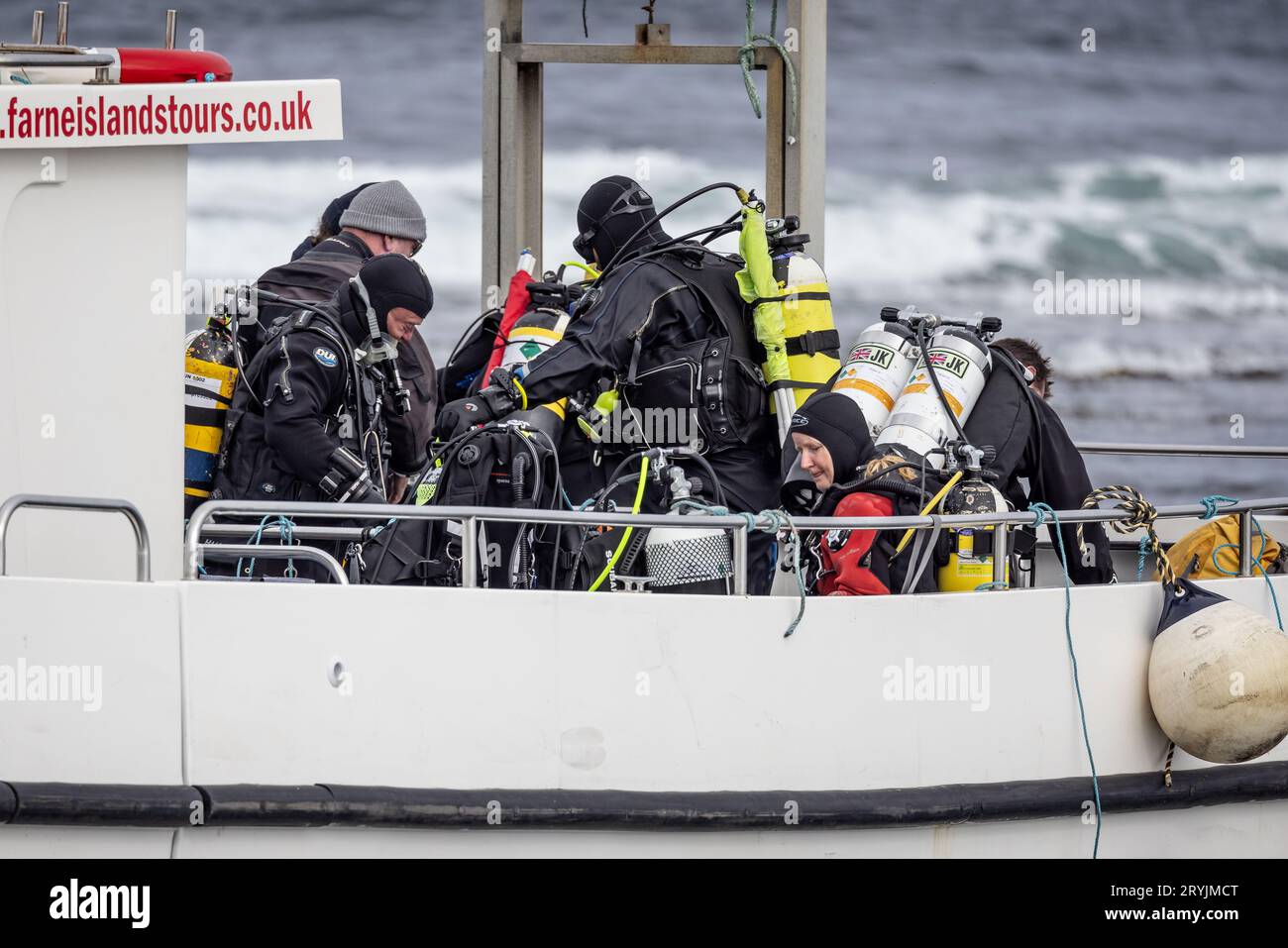 Gruppe von Tauchern, die sich auf einen Tauchgang mit dem Boot vor den Farne Islands, Northumberland, Großbritannien am 23. September 2023 vorbereiten Stockfoto