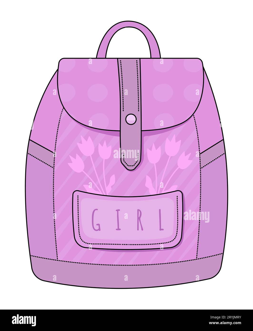Rosa süßer Mädchen Rucksack, Vektor monochrome Illustration mit schwarzem Strich Stock Vektor