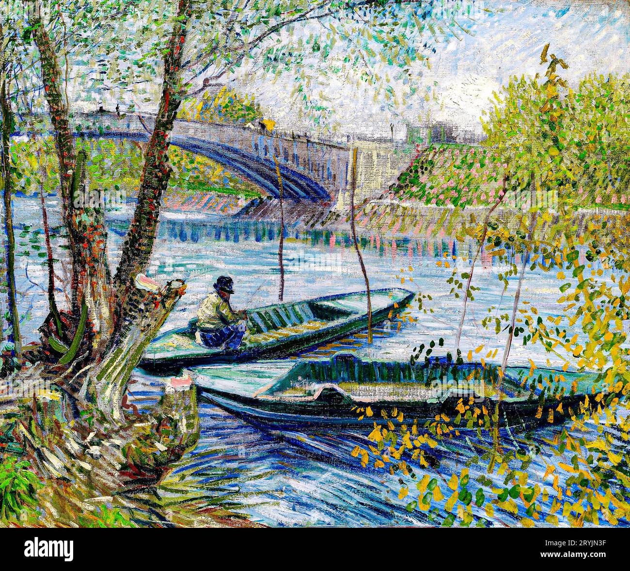 Angeln im Frühling, Pont de Clichy (Asni&egrave;res) (1887) von Vincent Van Gogh. Stockfoto
