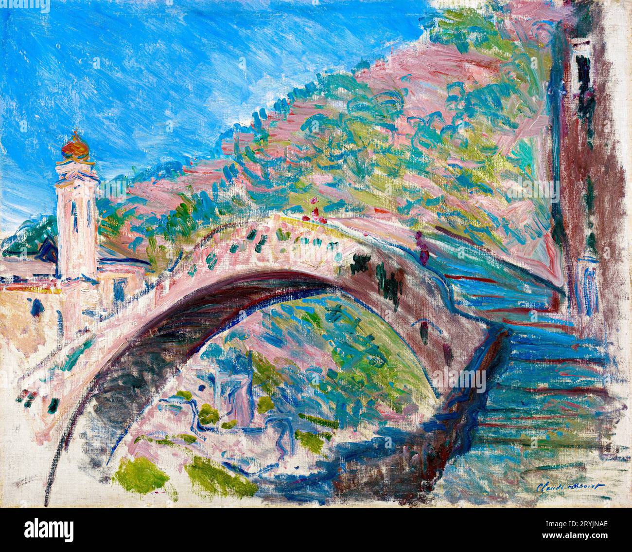 Claude Monets Brücke in Dolceacqua (1884) berühmtes Gemälde. Stockfoto