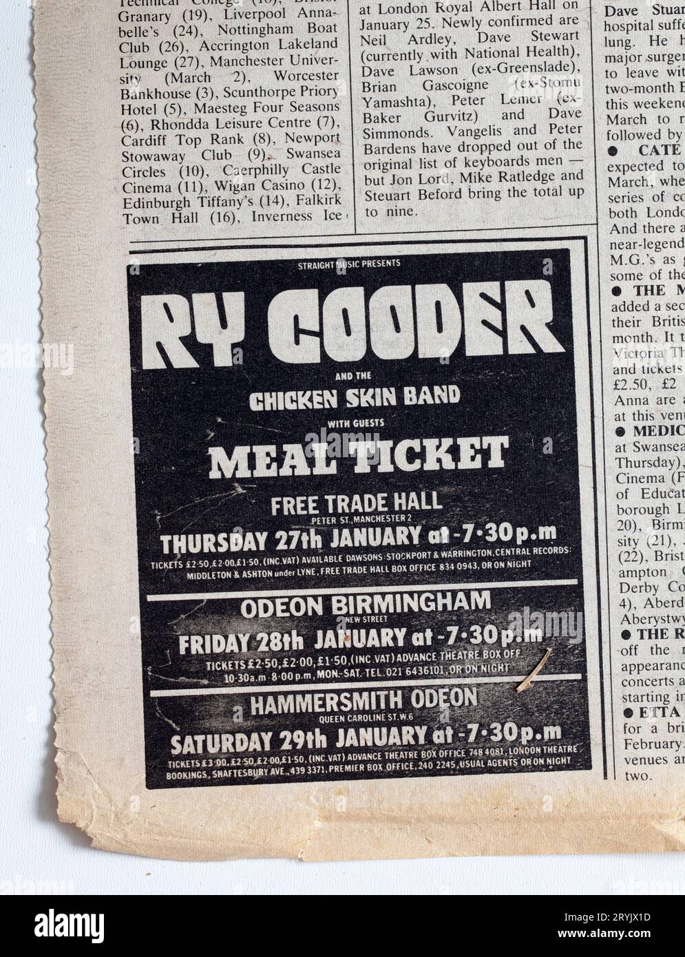 Werbung für RY COODER-Konzerte in der 1970er-Ausgabe von NME New Musical Express Music Paper Stockfoto
