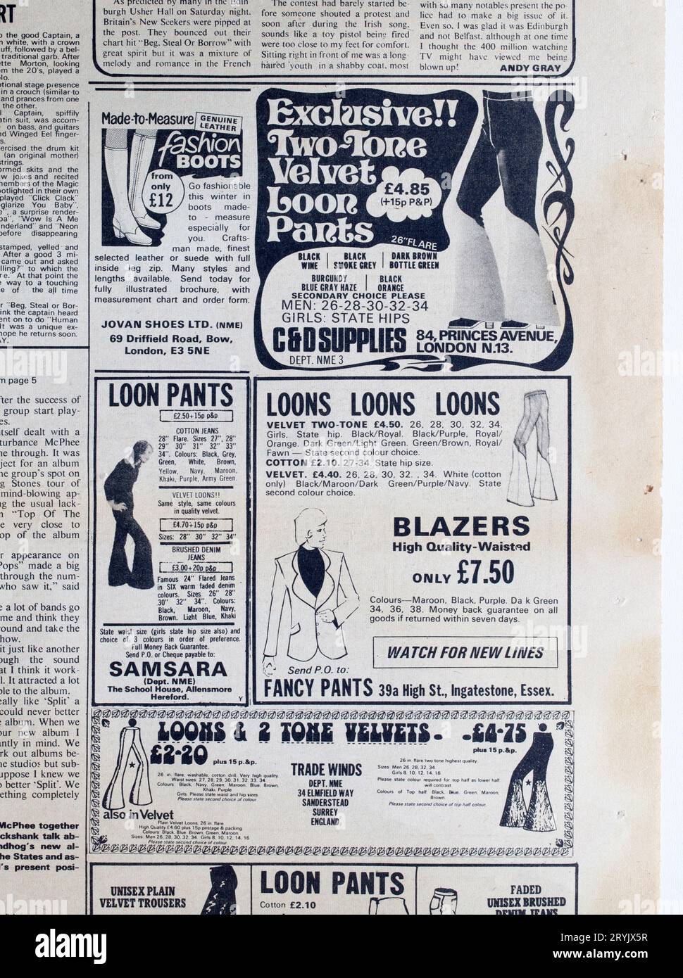 Werbespot für Kleidung einschließlich Loon Pants in der 1970er-Ausgabe von NME New Musical Express Music Paper Stockfoto