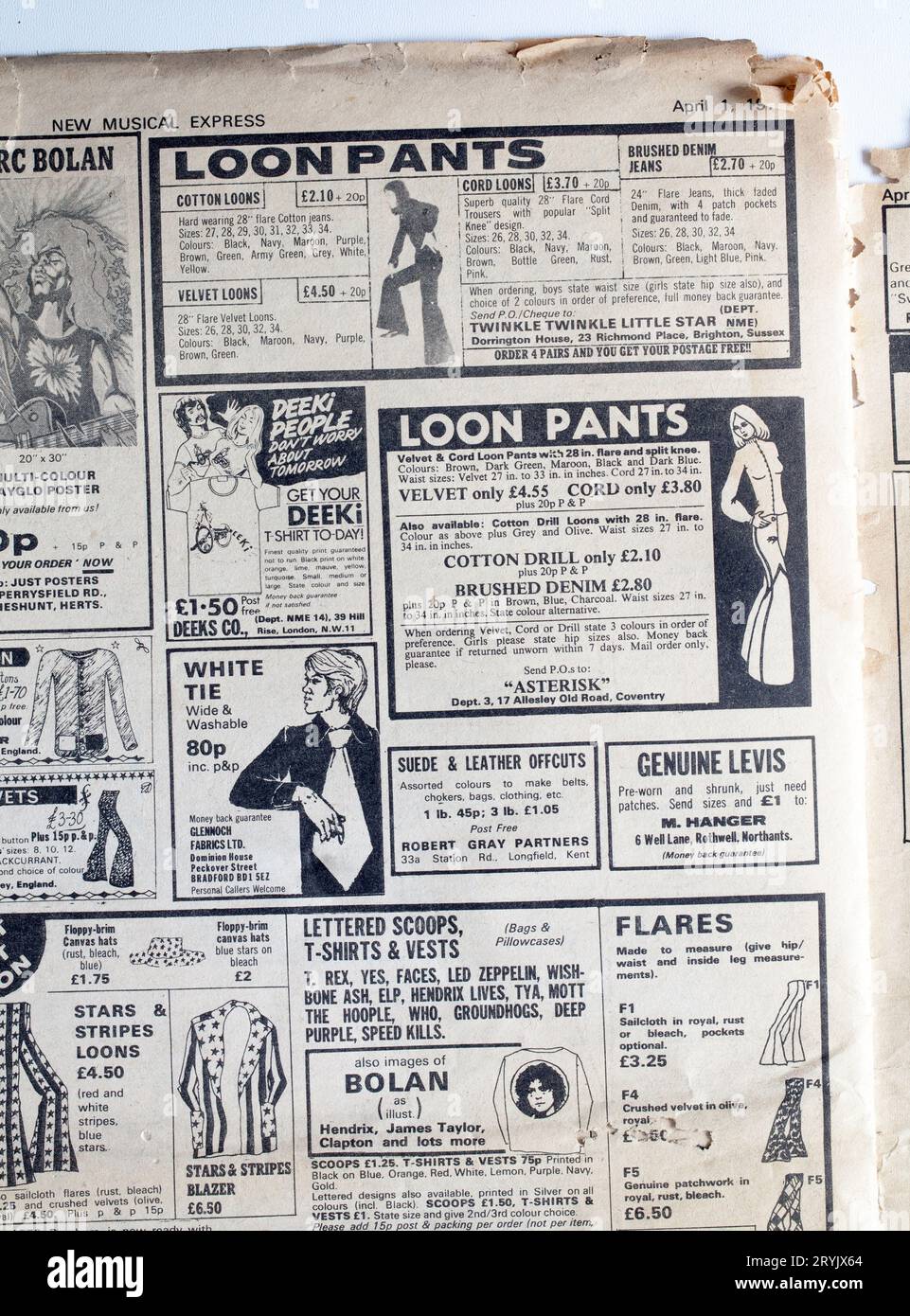 Werbespot für Kleidung einschließlich Loon Pants in der 1970er-Ausgabe von NME New Musical Express Music Paper Stockfoto