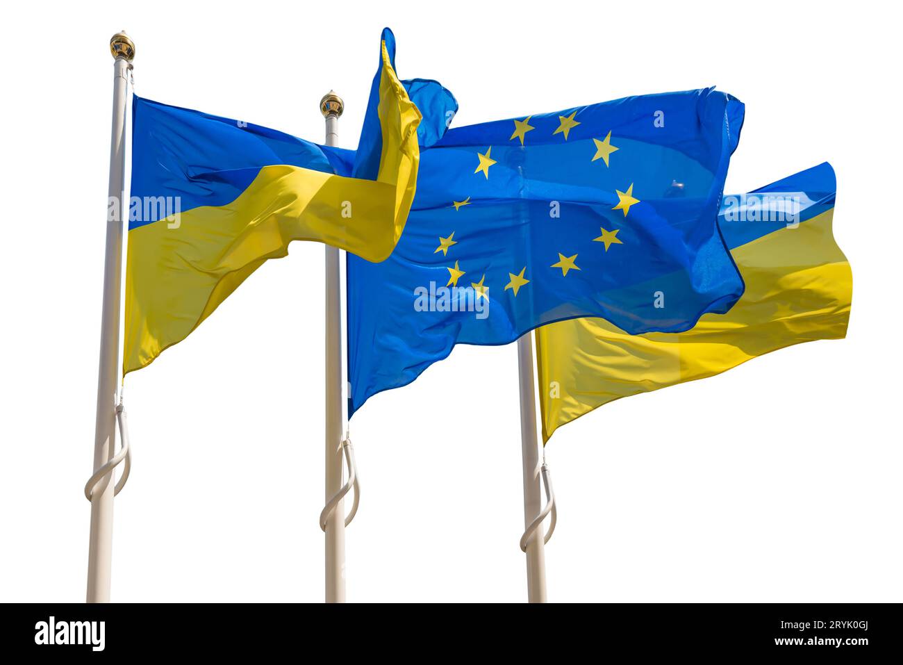 Fahnenmasten mit Fahnen der Europäischen Union und der Ukraine Stockfoto