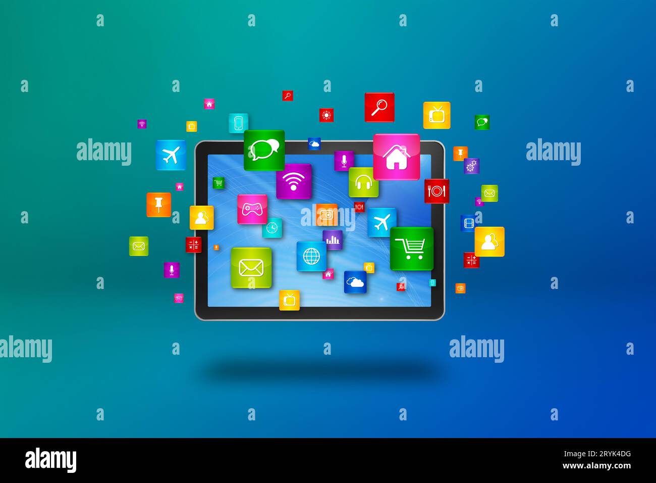 Fliegende Symbole um einen Tablet-PC herum. Cloud-Computing-Konzept Stockfoto