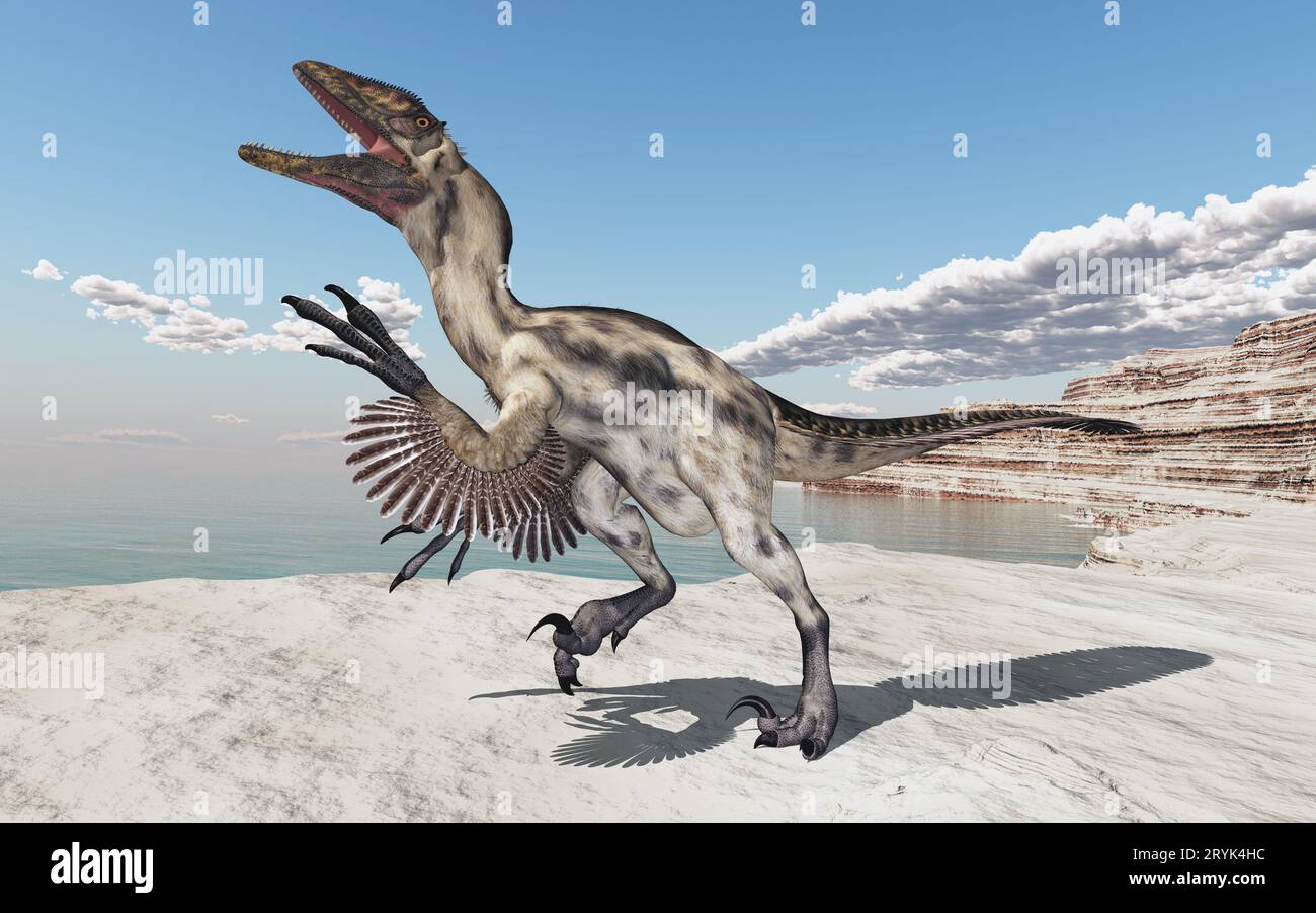 Dinosaurier Deinonychus in einer Küstenlandschaft Stockfoto