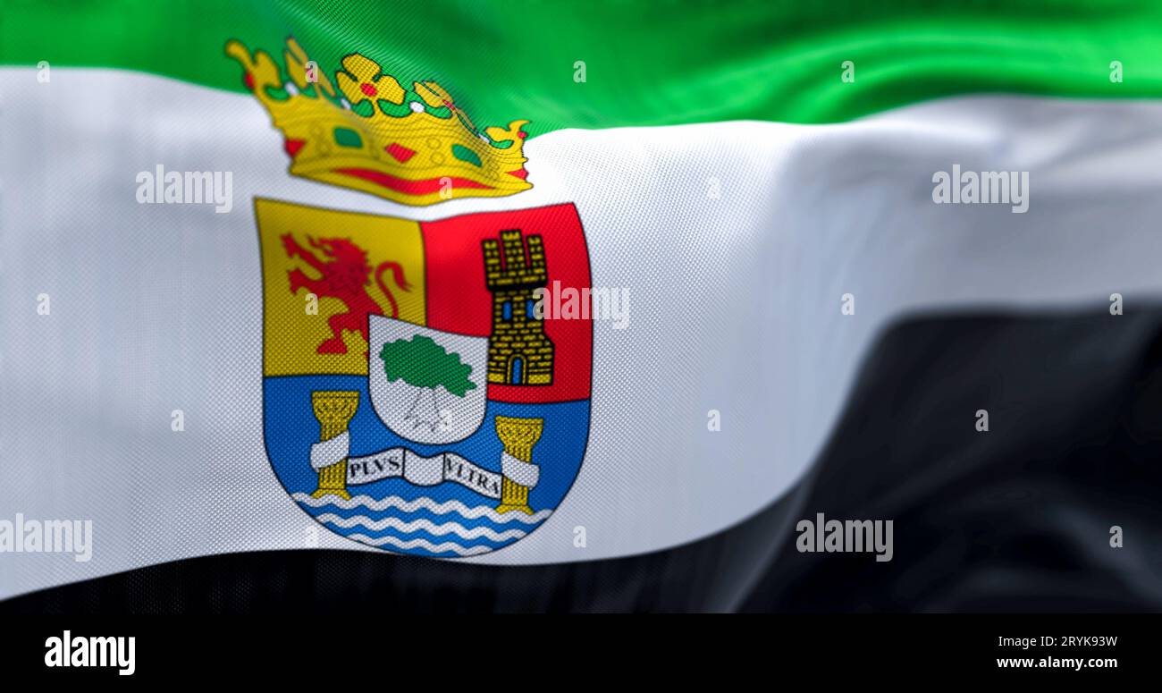 Detail der Extremadura-Flagge, die im Wind winkt Stockfoto