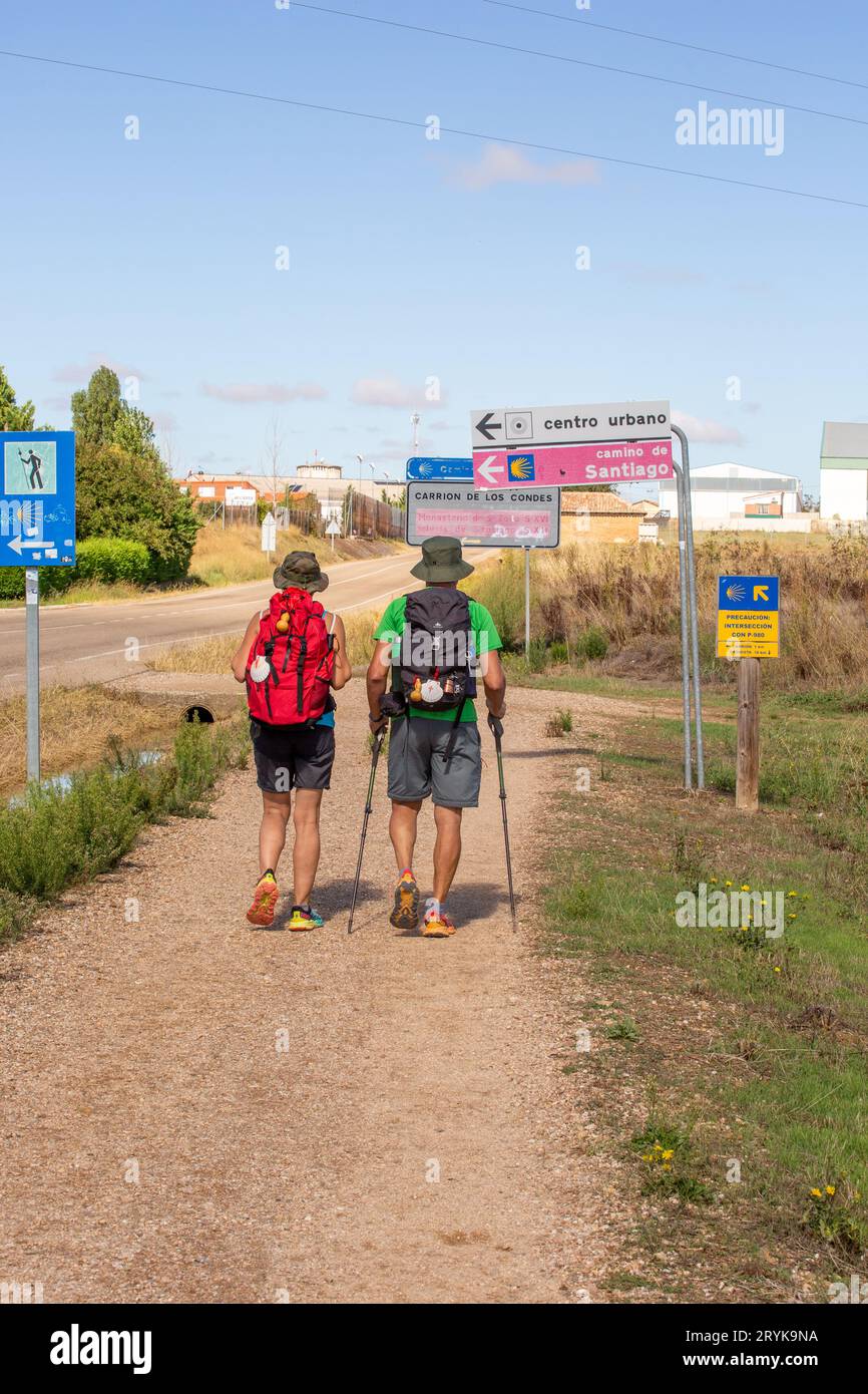 Pilger auf dem Jakobsweg, dem Jakobsweg durch die spanische Landschaft, der sich der Stadt Carrion Spanien nähert Stockfoto