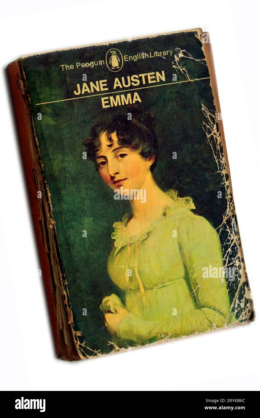 Jane Austen – Emma. Bucheinband, Studioeinrichtung auf weißem Hintergrund. Stockfoto