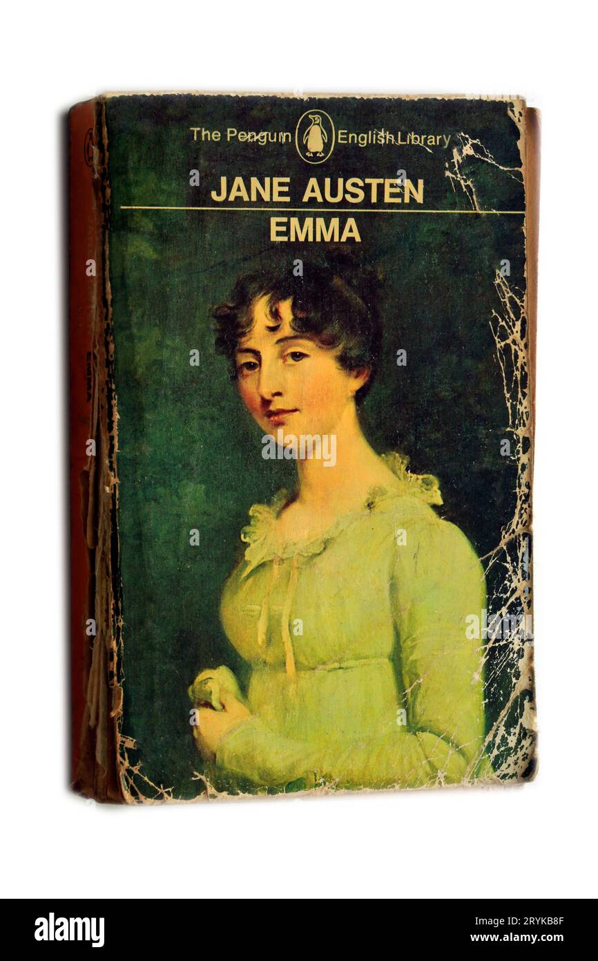 Jane Austen – Emma. Bucheinband, Studioeinrichtung auf weißem Hintergrund. Stockfoto