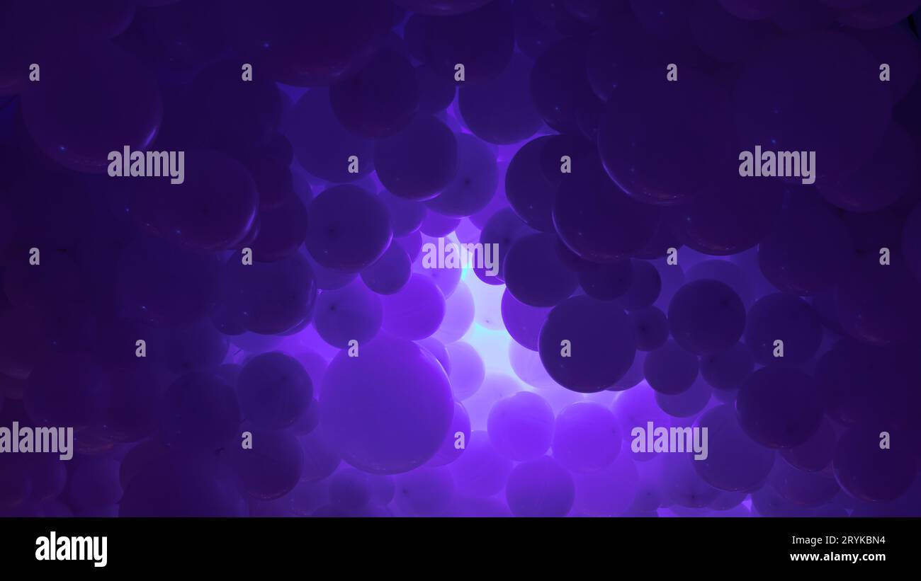 Violetter Hintergrund mit fliegenden Ballons – klares Design, abstraktes realistisches 3D-Banner. Stockfoto