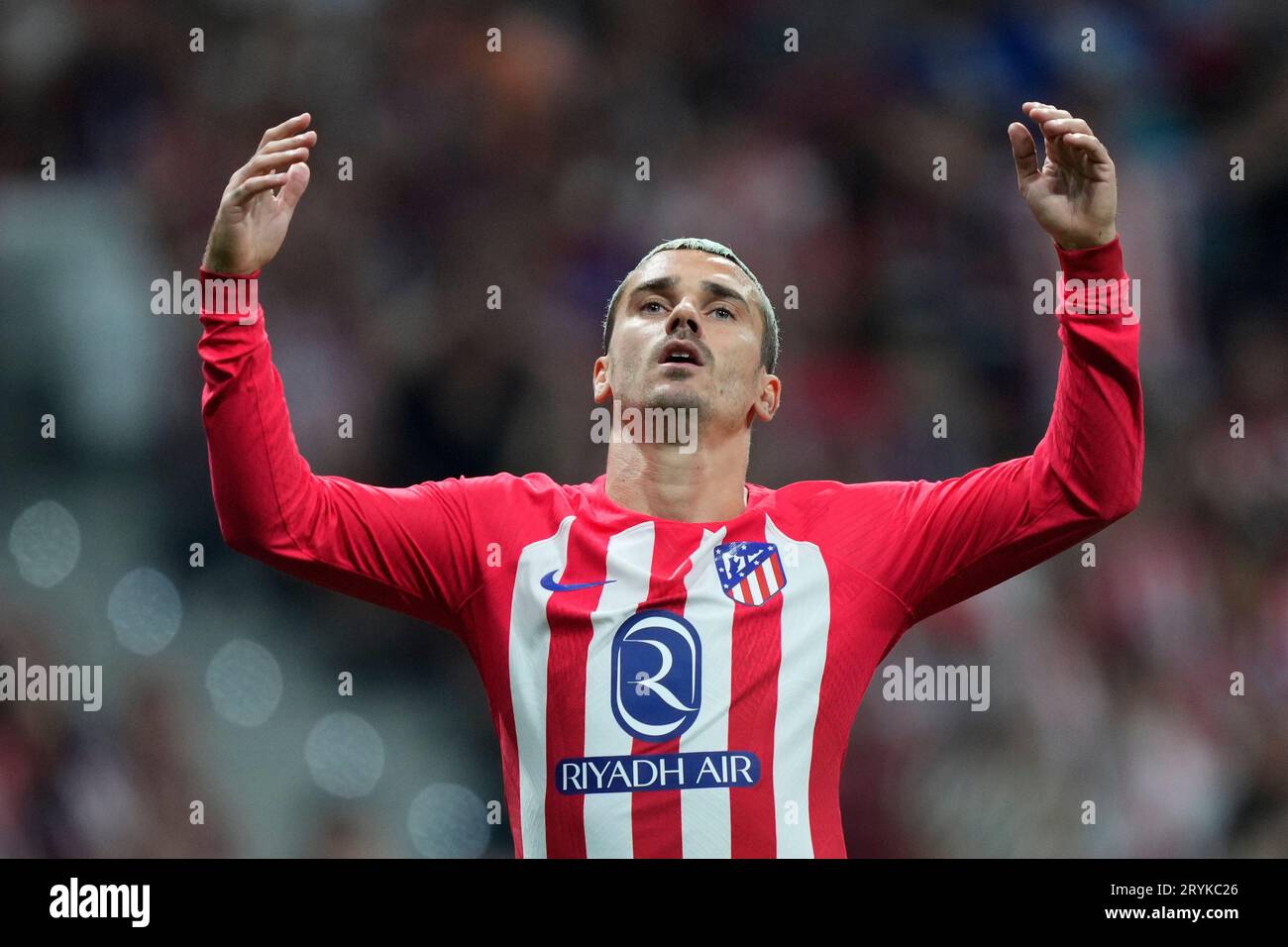 Madrid, Spanien. Oktober 2023. Antoine Griezmann von Atletico de Madrid reagiert auf das Spiel der La Liga zwischen Atletico de Madrid und Cadiz CF, das am 1. Oktober im Civitas Metropolitano Stadium in Madrid, Spanien, ausgetragen wurde. (Foto: Cesar Cebolla/PRESSINPHOTO) Credit: PRESSINPHOTO SPORTS AGENCY/Alamy Live News Stockfoto