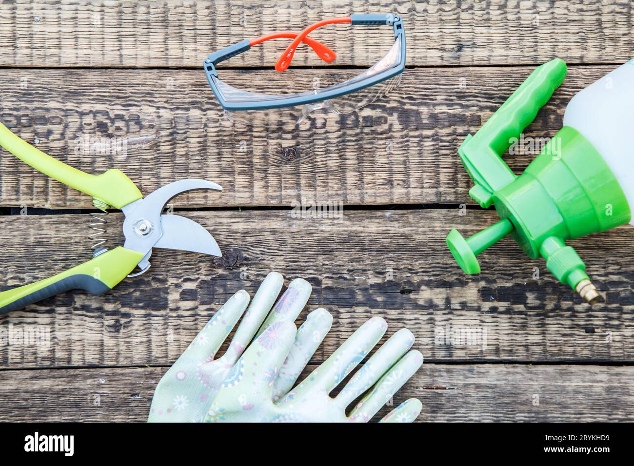 Gartenentaster, Drucksprüher, Gartenhandschuhe und Schutzbrille auf den Holzbrettern Stockfoto