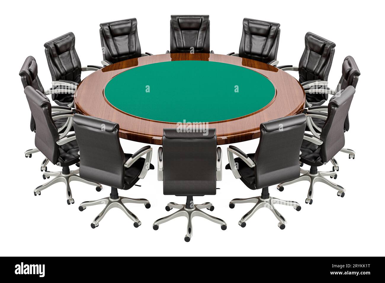 Runder Tisch mit Bürostühlen. Diskussionsforum der Regierung, Konzept. 3D-Rendering isoliert auf weißem Hintergrund Stockfoto